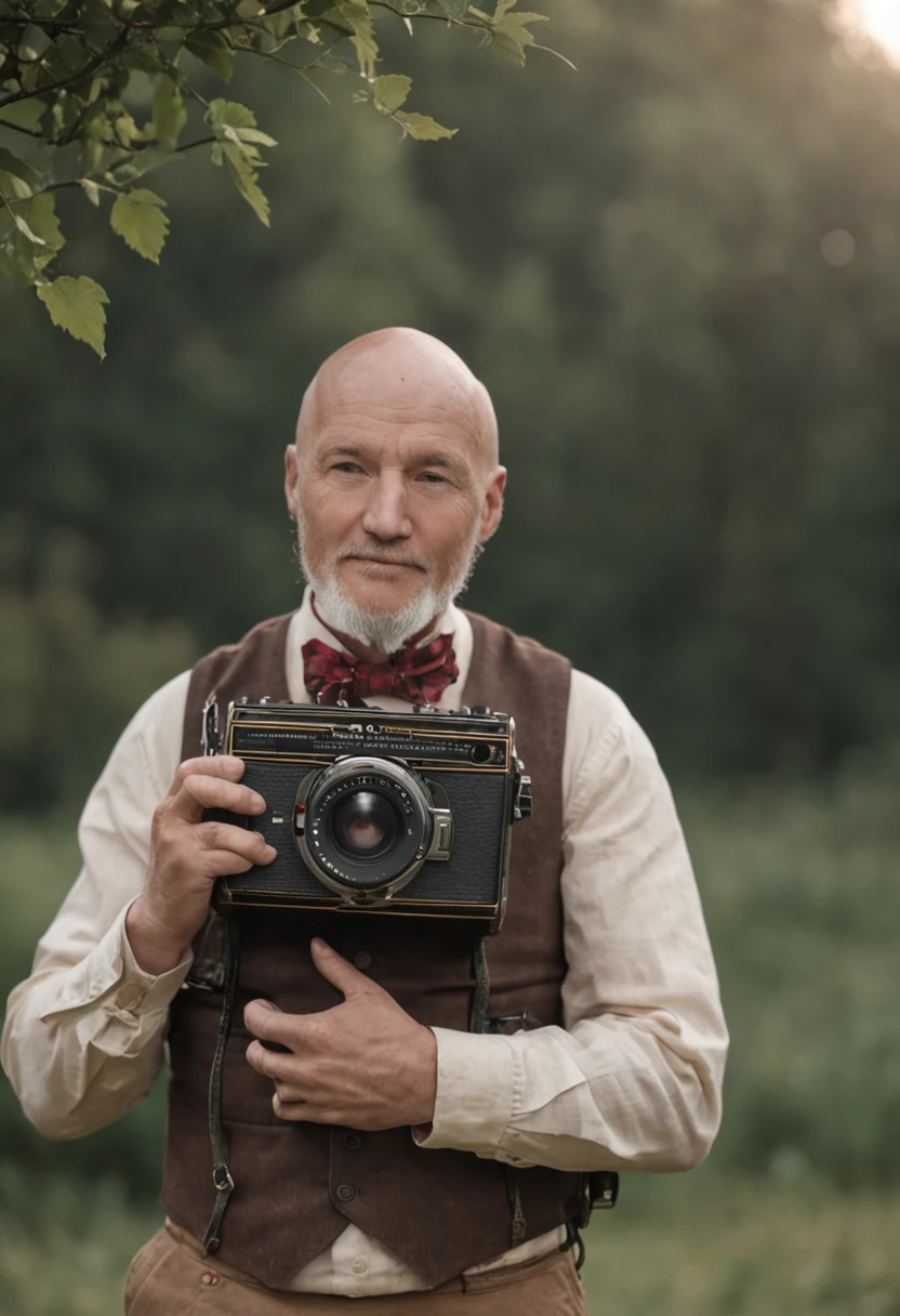 "Cinematic landscape on the farm with a bald accordionist with a short beard, 40 anos , black watch on arm and happy"