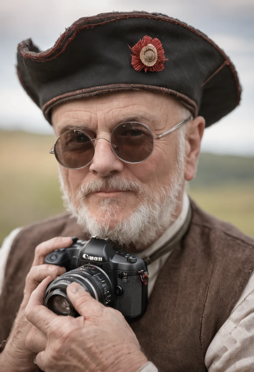 "Cinematic landscape on the farm with a bald accordionist with a short beard, 40 anos , black watch on arm and happy"
