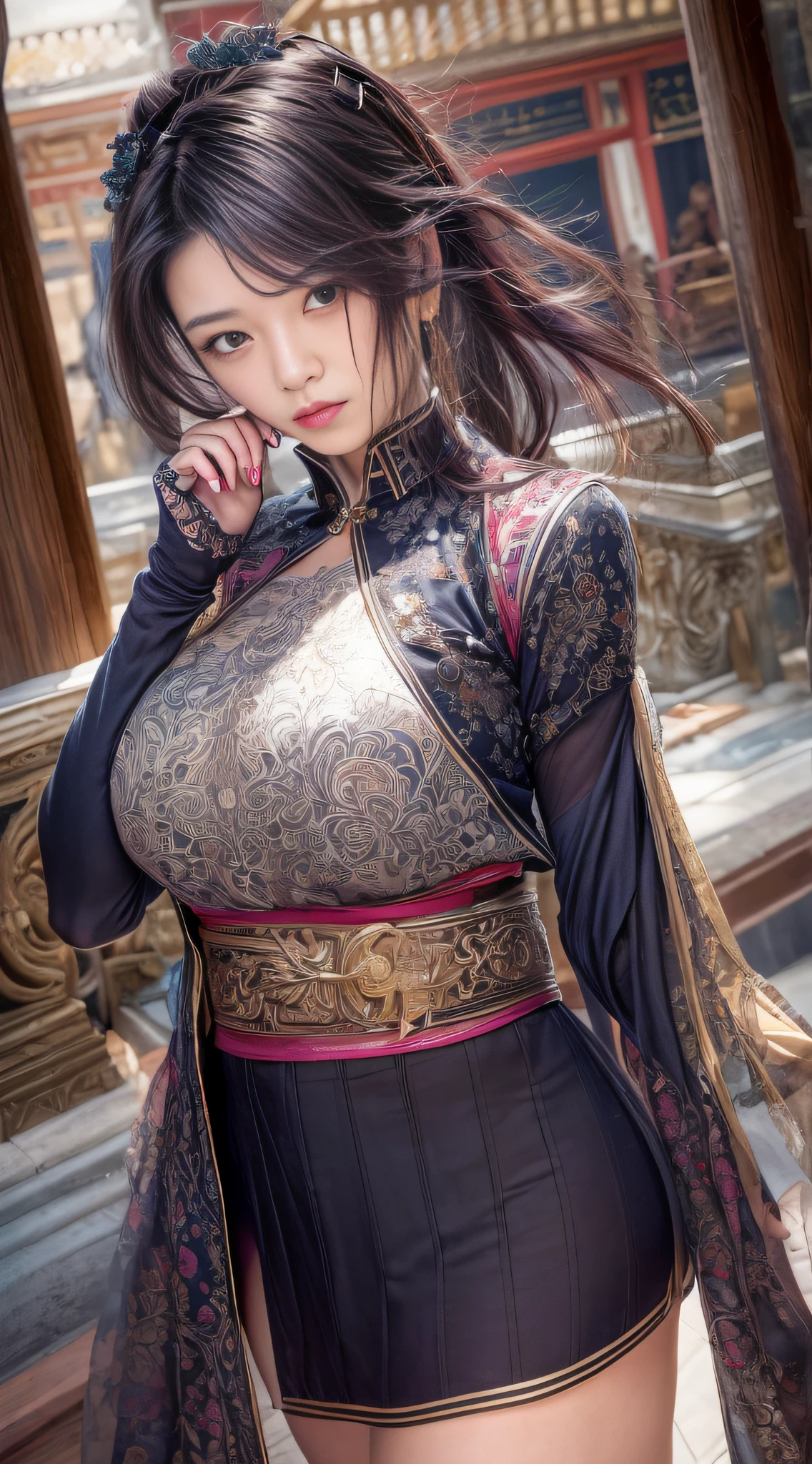 Best quality,Masterpiece,超高分辨率,(Photorealistic:1.4),xiuxian,arma,Detailed face, 1girll,Solo,arma,cleavage,(Magical Circle:1.2),xiuxian,Upper body,Beautiful girl,full bodyesbian,Huge breasts,east asian architecture,scabbard,architecture,gigantic hip,smooth thigh