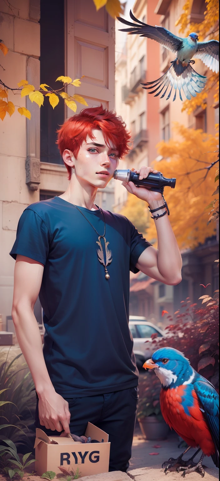 Boy with Bird futuristic background realistic face Bule eye, red hair, ultra high quality HD