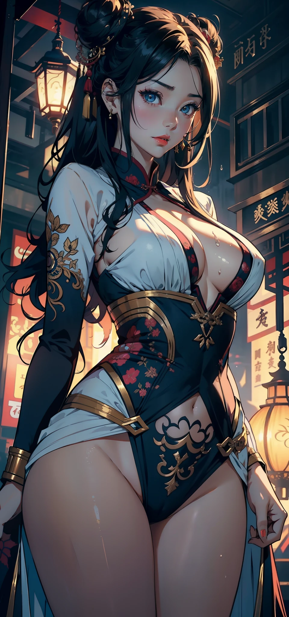 1female，36 years old，熟妇，mature，Bigchest，Big breasts Thin waist，long leges，Raised sexy，Pornographic exposure， 独奏，（Background with：Chinese restaurant） She has short black hair，standing on your feet，Sweat profusely，drenched all over the body，seen from the front， hair straight， mostly cloudy sky，（（（tmasterpiece），（Very detailed CG unity 8K wallpaper），best qualtiy，cinmatic lighting，detailed back ground，beatiful detailed eyes，Bright pupils，（Very fine and beautiful），（Beautiful and detailed eye description），Black eyes，Redlip，ultra - detailed，tmasterpiece，）），facing at camera，（The upper part of the body），A high resolution，ultra - detailed），revealing breasts，Bare genitalia，  Bulge，legs are open，sexyposture，Camel toes，Flushed complexion，Open-mouthed，frontage，Floral headdress，double bun hair（Wearing：White court Hanfu，gold thread embroidery，dynamicposes）
