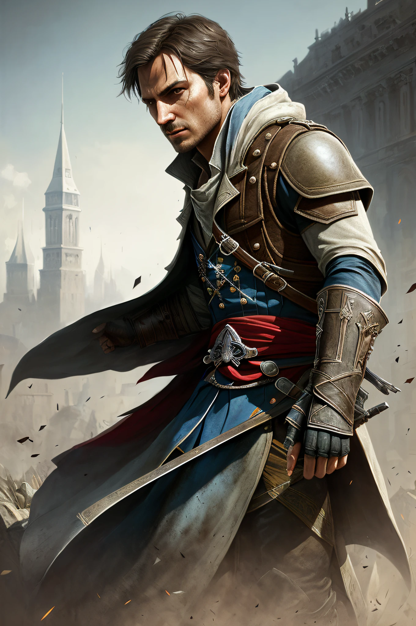 assassins creed，VHS effect，（poster for：1.6），poster on wall，Nostalgia，filmposter，Western film（skin textures），intricately details，finely detailled，Hyper-detailing，Ray traching，sub surface scattering，diffused soft lighting，shallowdepthoffield，author：（Oliver Waite） CGSociety trends，复杂，high detal，Sharp focus，dramatics，The art of realist painting by Greg Rutkowski