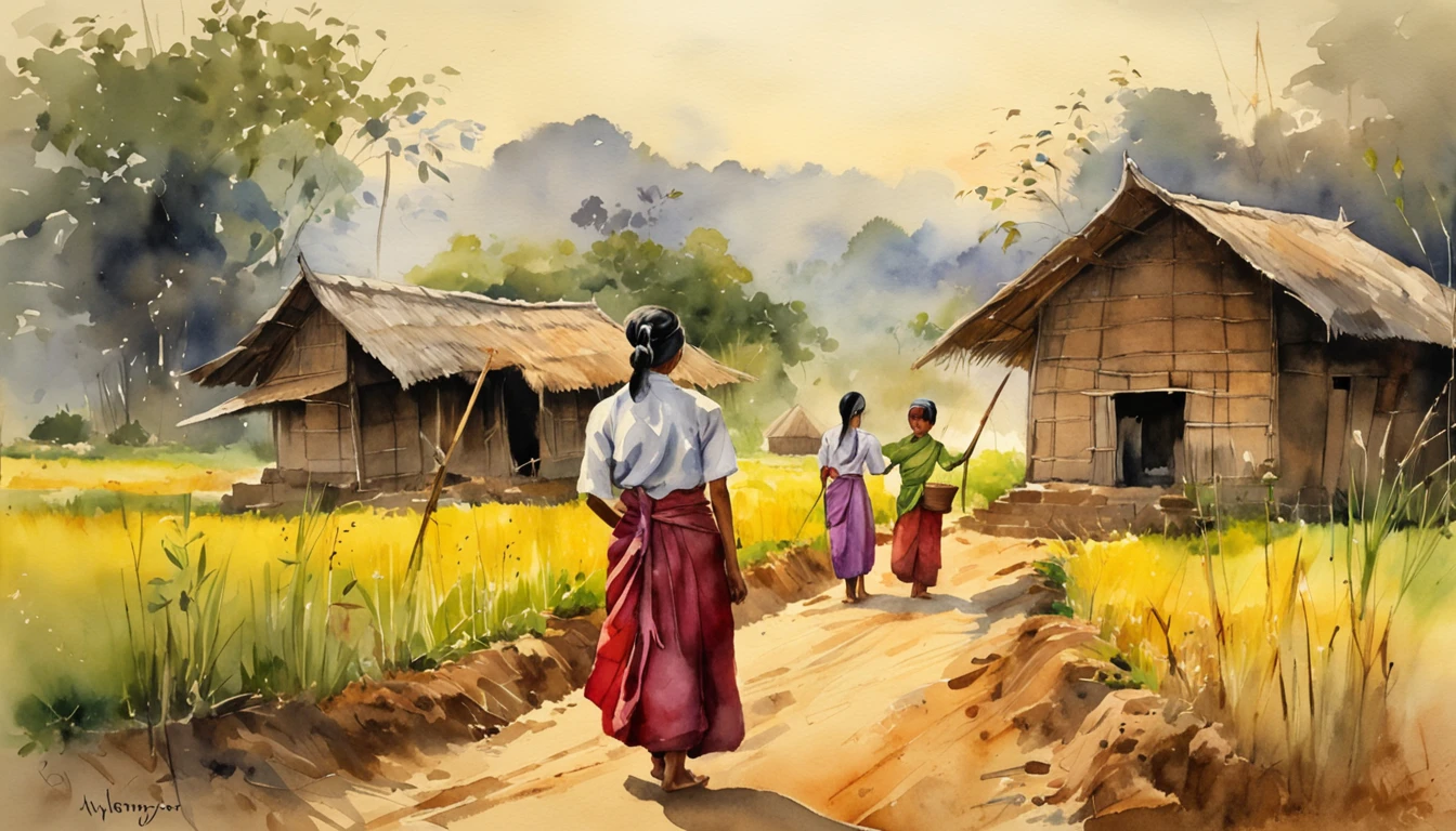myanmar burmese village, Farm and cottage, farmer girls