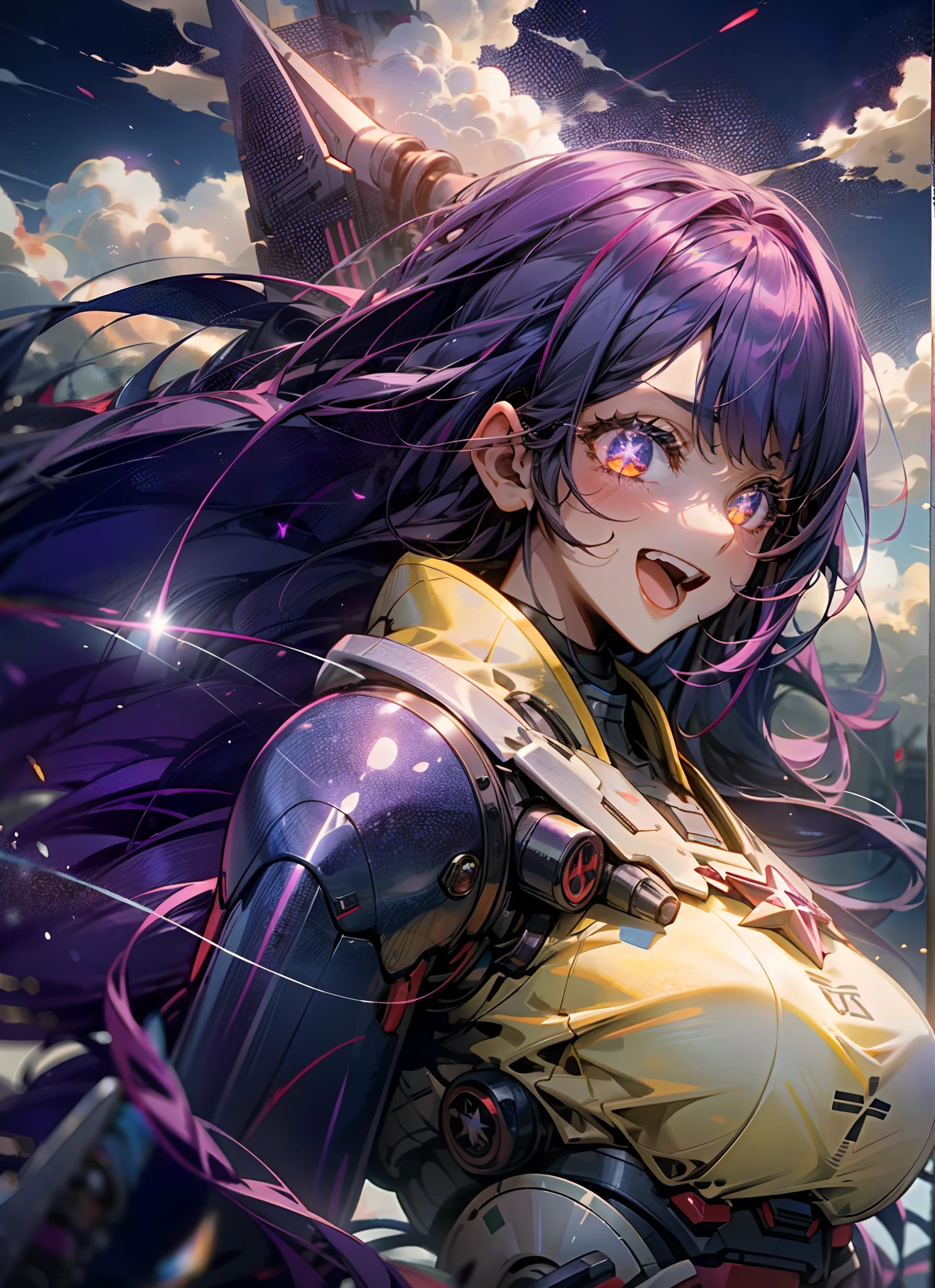 A big girl,Gorgeous Hair in Long Purple,Pentagram in the eye,Skysky,clouds,No_Humanity,with light glowing,buliding,Glowing_Eyes,Mecha,scientific fiction,城市,Realistis,Mecha,Smile,Open mouth