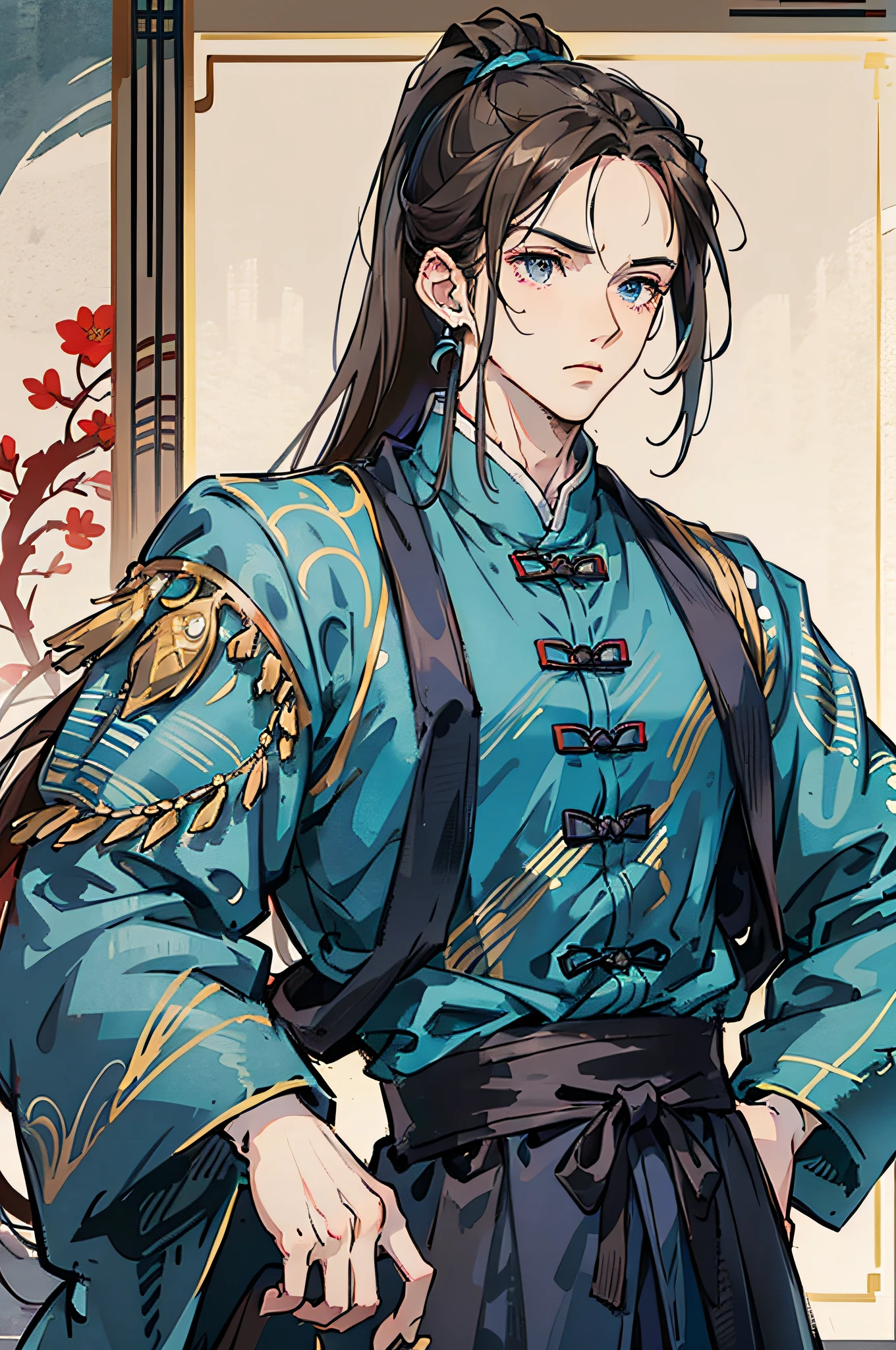 Masterpiece, Excellent, Daytime, 1 Man, Chinese Style, Ancient China, Chinese Court, Eagle, Turquoise Brown Hair, Gray-Blue Eyes, Split Hair, Long Hair, Long Bangs, High Ponytail, Handsome, Handsome, Serious, Gentle, Tall, Quiet, Dark Clothes, Gray-Blue Clothes, Dark Blue Clothes, Prince, Sword, Looking Down --auto --s2
