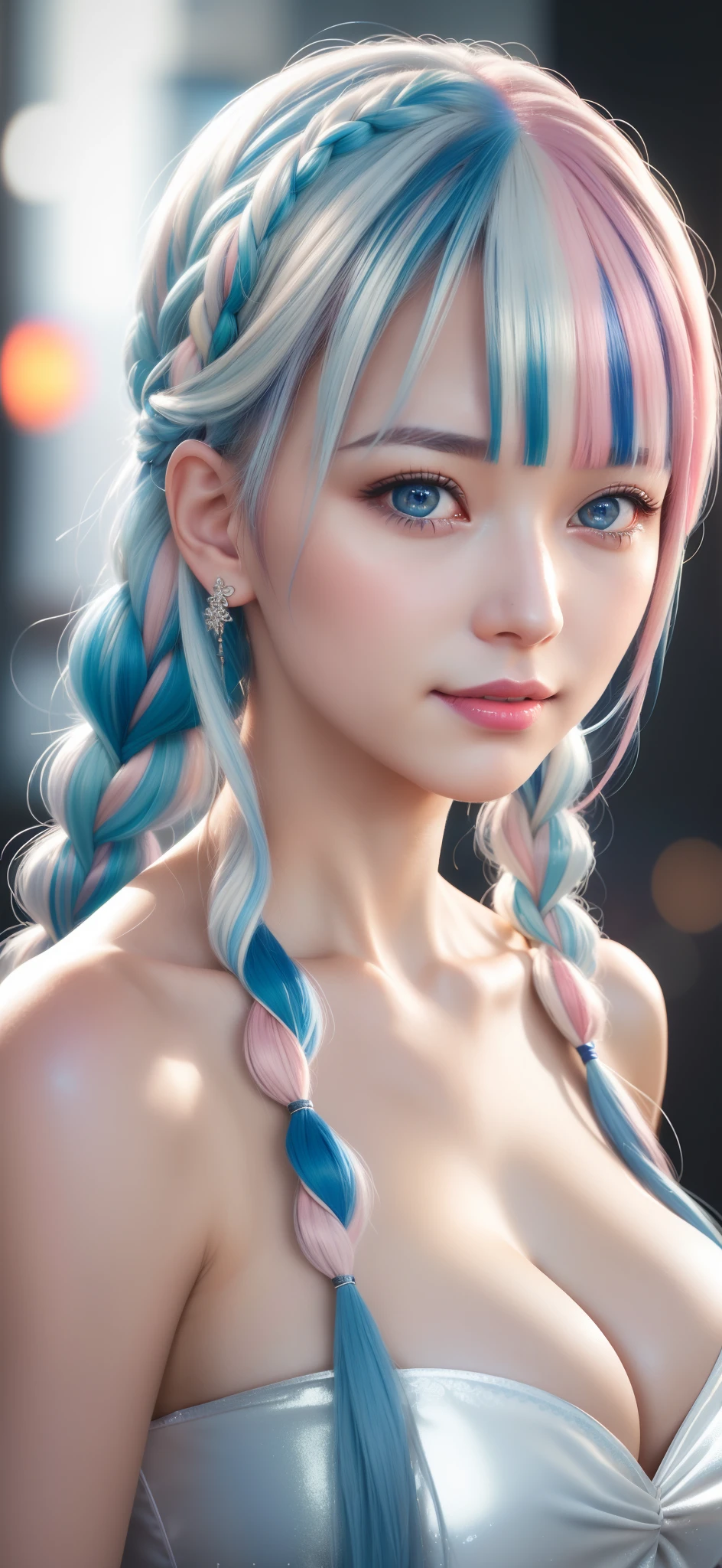 Realistic photos、Soft natural light、1 cute model、smooth soft skin、(Light blue eyes),   (bangs, twin braids, multicolored hair, gradient hair, two-tone hair, silver hair, pink hair, blue hair:1.2)  、Natural skin texture、hair long、Soft lighting、Detailed face、Photo Realism、looking into the camera、front face、realistic painting、SHARP FOCUS、8ｋ、white evening dress、 Ultra Huge Breasts:1.2、perfect composition、Trending on Artstation、extremly detailed、Unreal Engine 5、photographic、Smooth and intricate details like a movie、studio photography、extremly detailed、detailed hairstyle、smile face。Tokyo Night Background。
