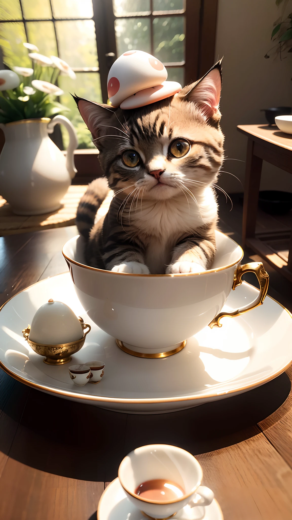 Cat, (Himalayan), (Small)))), (in a teacup), (mushroom on head), , Face, Front paws out, 8K, Professional photo, Delicate, Clear, On the table, Inside the house, Sunshine, Light Leak, Masterpiece, ((Pretty))), Fashionable Teacup, (Reality), Plush Toy, Round Pupils