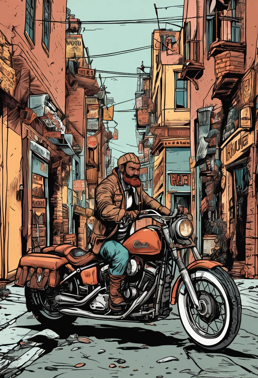 um homem ruivo careca porem de pele clara com uma barba ruiva mas sem bigode so contornando o queijo estilo viking. Casaco de motociclista, ripped pants and biker leather boot.He's walking into a bar with a pool and a small counter . He ordered a pin up style beer from a waitress. Realistic photo in high definition 8K HD