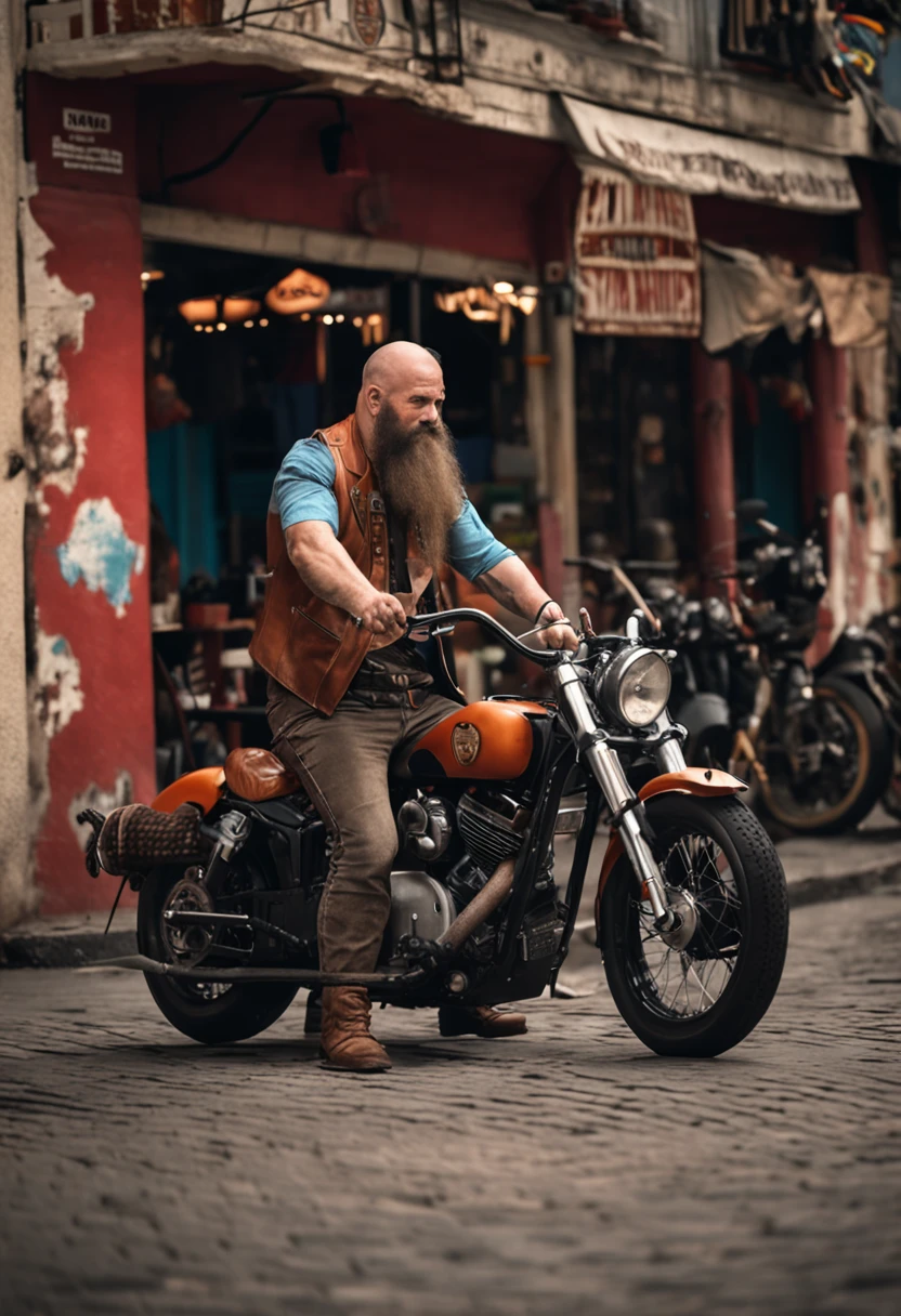 um homem ruivo careca porem de pele clara com uma barba ruiva mas sem bigode so contornando o queijo estilo viking. Casaco de motociclista, ripped pants and biker leather boot.He's walking into a bar with a pool and a small counter . He ordered a pin up style beer from a waitress. Realistic photo in high definition 8K HD