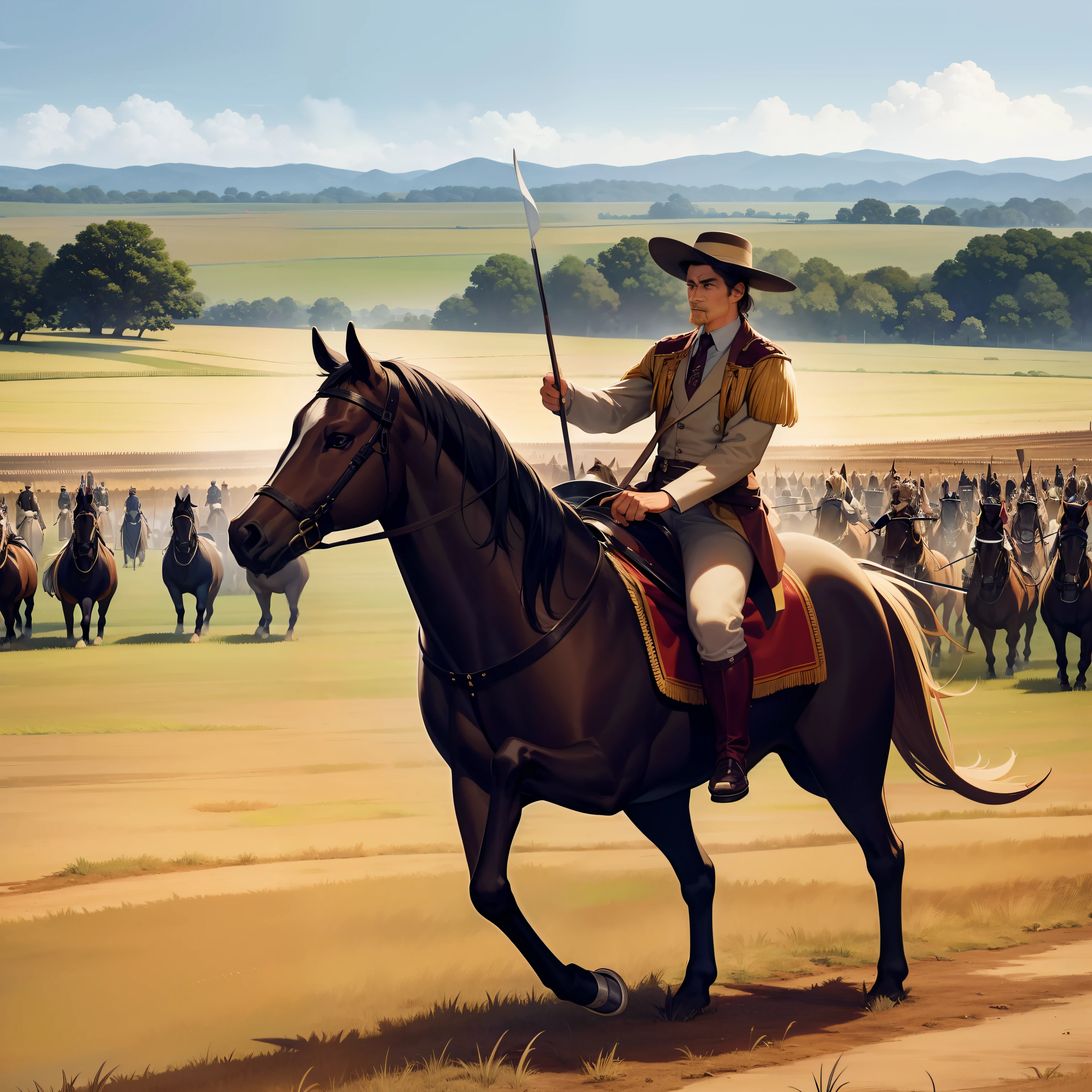 Image showing an open field in southern Brazil in the nineteenth century. Horses and mounted soldiers are gathered, wielding spears and flags in comic art form