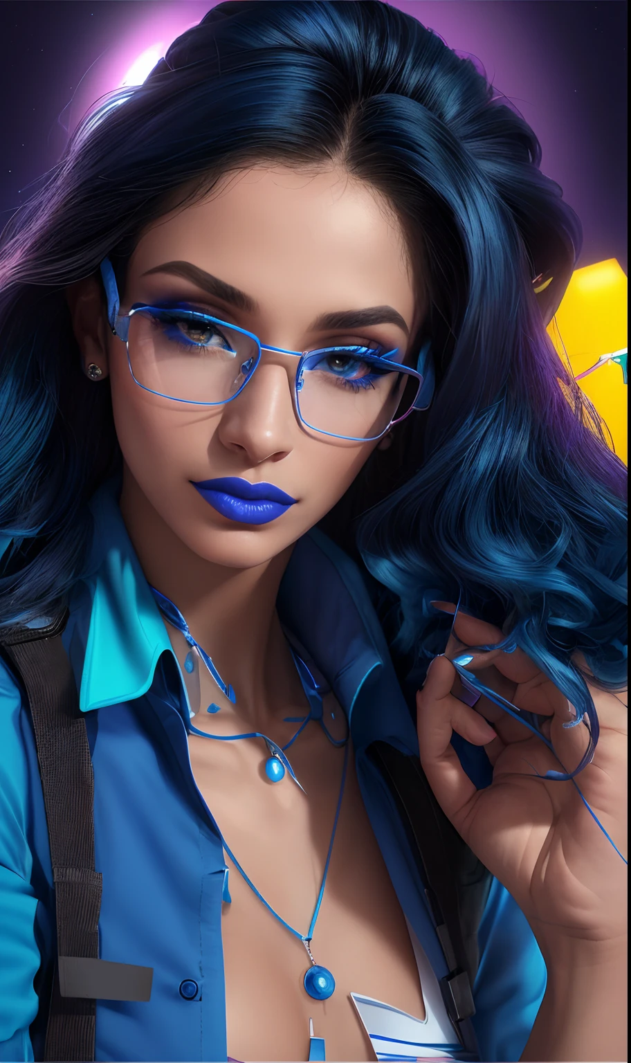 ( qualidade 8k ), ( Ultra HD ), ( melhor qualidade ), ( obra-prima ), ( detalhes perfeitos ), ( Anatomia perfeita ), ( perfect lighting ), A closeup of a woman with glasses and a blue lip, blue lips, Batom azul, Batom azul escuro, Batom Roxo, thick lips, Violeta Myers, lips sexy, imagem de perfil, foto de perfil headshot, com pele azul, Ayahausca, full lips, pouty lips, azul e violeta, Batom escuro, foto de perfil