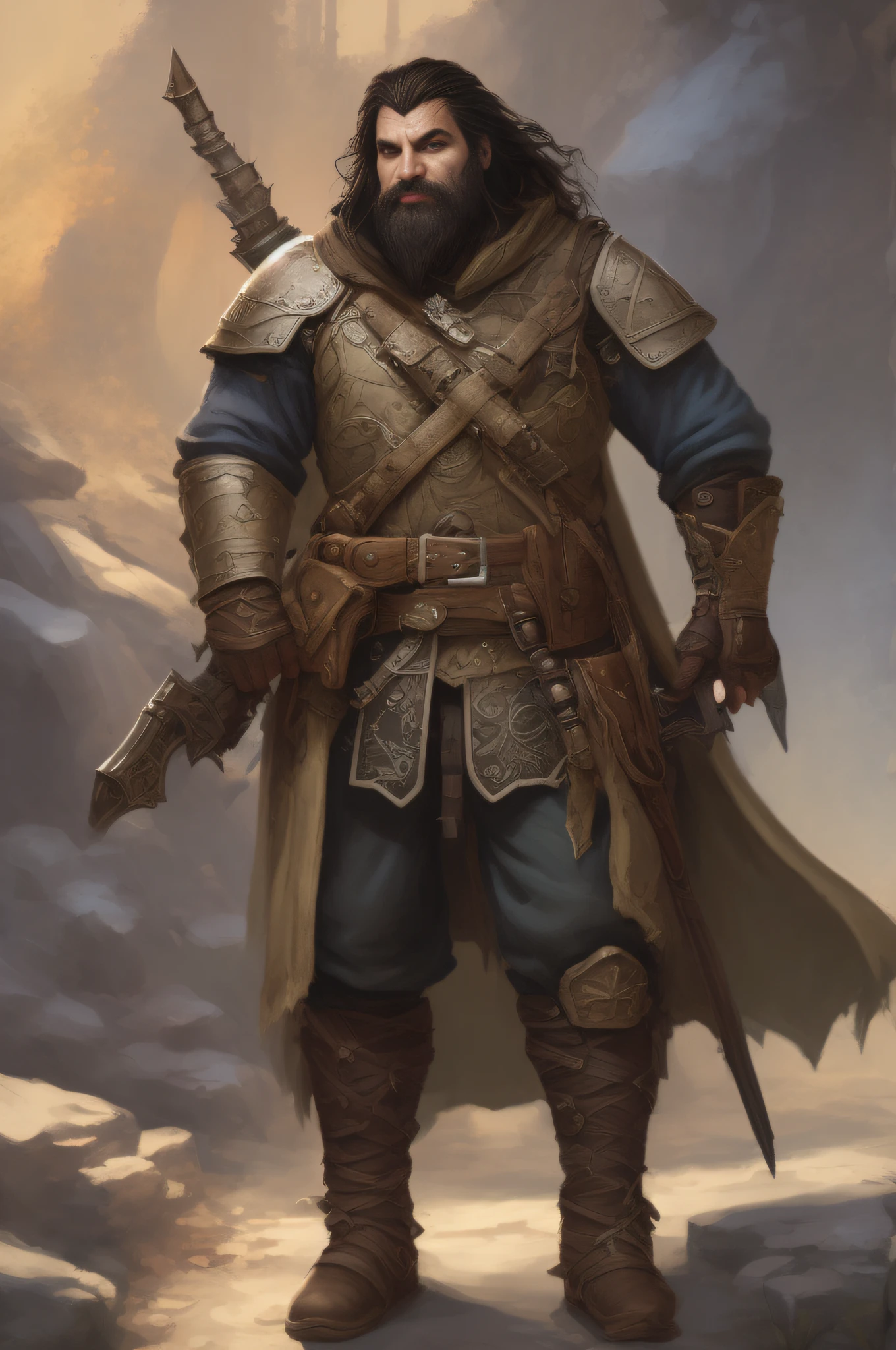 High Fantasy Handsome Male Dwarf Ranger Gunner Blacksmith, white taned skin, scars, long black hair and medium black beard, blue eyes, Former Prince, Reluctant Future King, Broken Person, Tragic Hero with a wounded soul and a heart of gold, neutral good, mix of medieval magic and steampunk design of armor and weapons, carrying 2 revolvers like hammers and 1 big rifle like hammer, arafed image of a male beautiful dwarf with a beard and a fantasy steampunk hammers like guns, epic fantasy d & d, portrait of an adventurer, rpg concept art character, rpg portrait concept art, portrait of fin wildcloak, rpg character art, inspired by Johannes Helgeson, by Johannes Helgeson, rpg portrait full body, male elf ranger, rpg character concept art