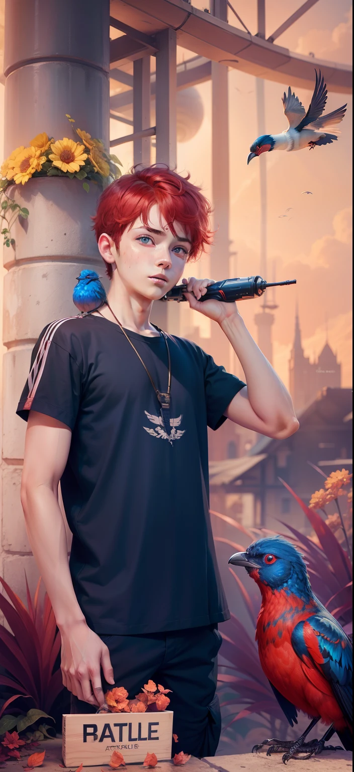 Boy with Bird futuristic background realistic face Bule eye, red hair, ultra high quality HD