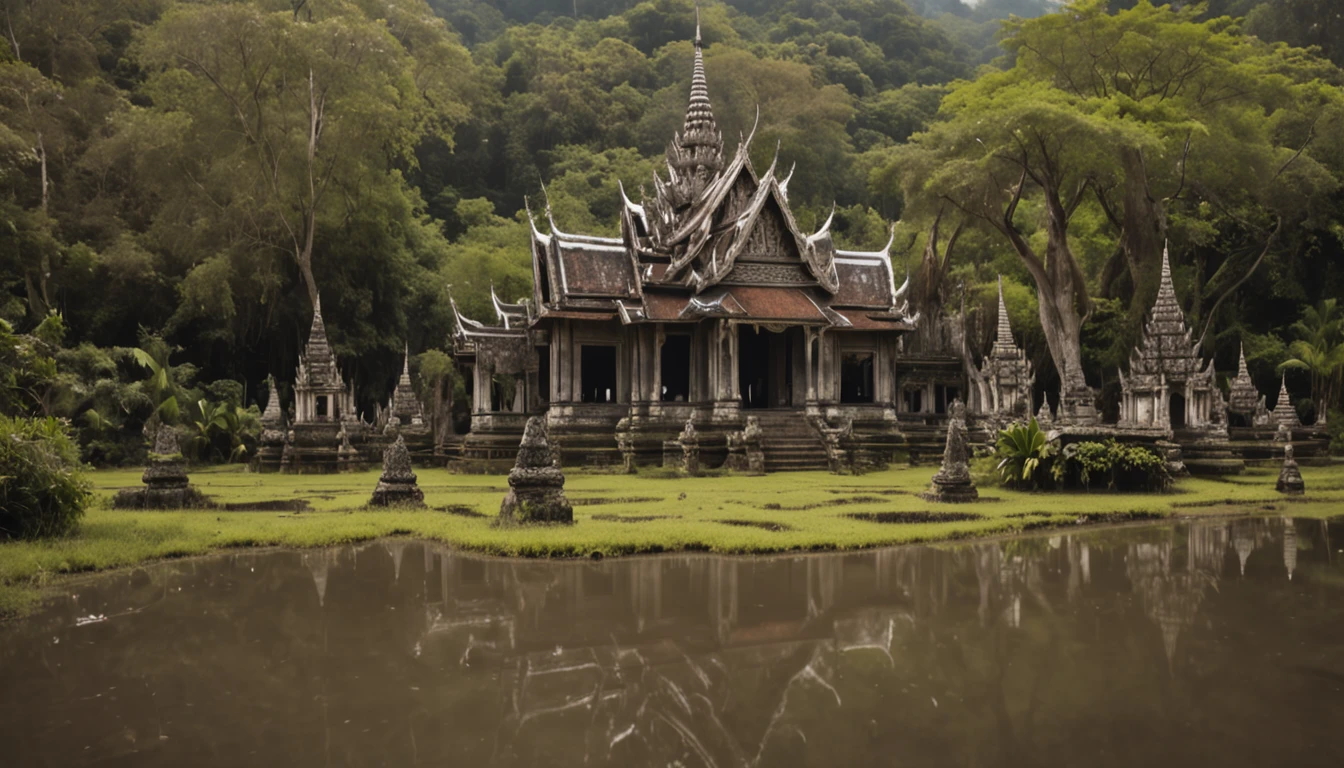 Ancient Thai Palace,Moss cover, Located in the middle of the forest.., Surrounded by streams. The atmosphere is pleasant...,rainbow, Clear sky after rain,Bright sunshine