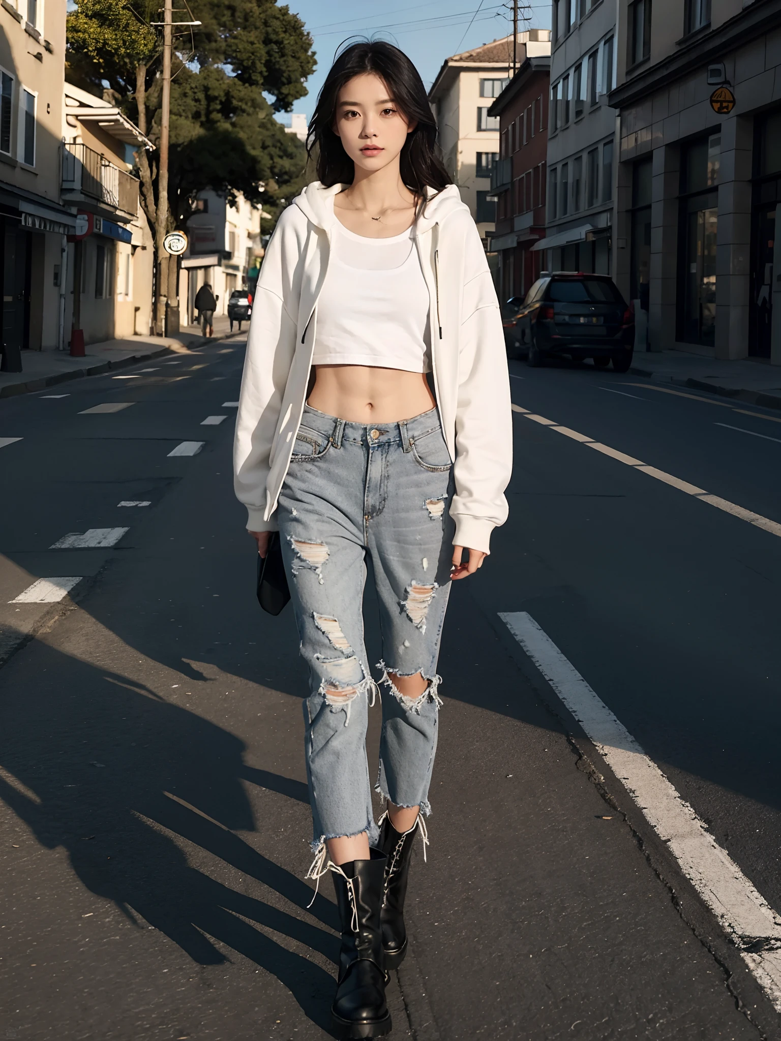 ((smallunderboob,Tomboyish,small heads)), (Well-defined abs: 1.1), (perfect bodies: 1.1), (short-length straighthair: 1.2), Black hair, half-body photo, attractive collarbone，nabel，（极其细致的CG 8k壁纸），（Extremely refined and beautiful），（tmasterpiece），（best qualtiy：1.0），（超A high resolution：1.0），beautiful light up，Perfect lightning，realistic shaded，[A high resolution]，White,Smooth and flawless skin，ultra - detailed ，Thin transparent light gray hooded sweatshirt，Open，Gilet blanc，The black one is particularly tattered with big holes in the pants of the beggar，black military boots，Elongated legs，flatchest，Slim，emaciated，at the doorstep of a school，on the roadside，A sea of people，are standing，Dusk light，summertime，Cup of coffee in hand，dense with greenery