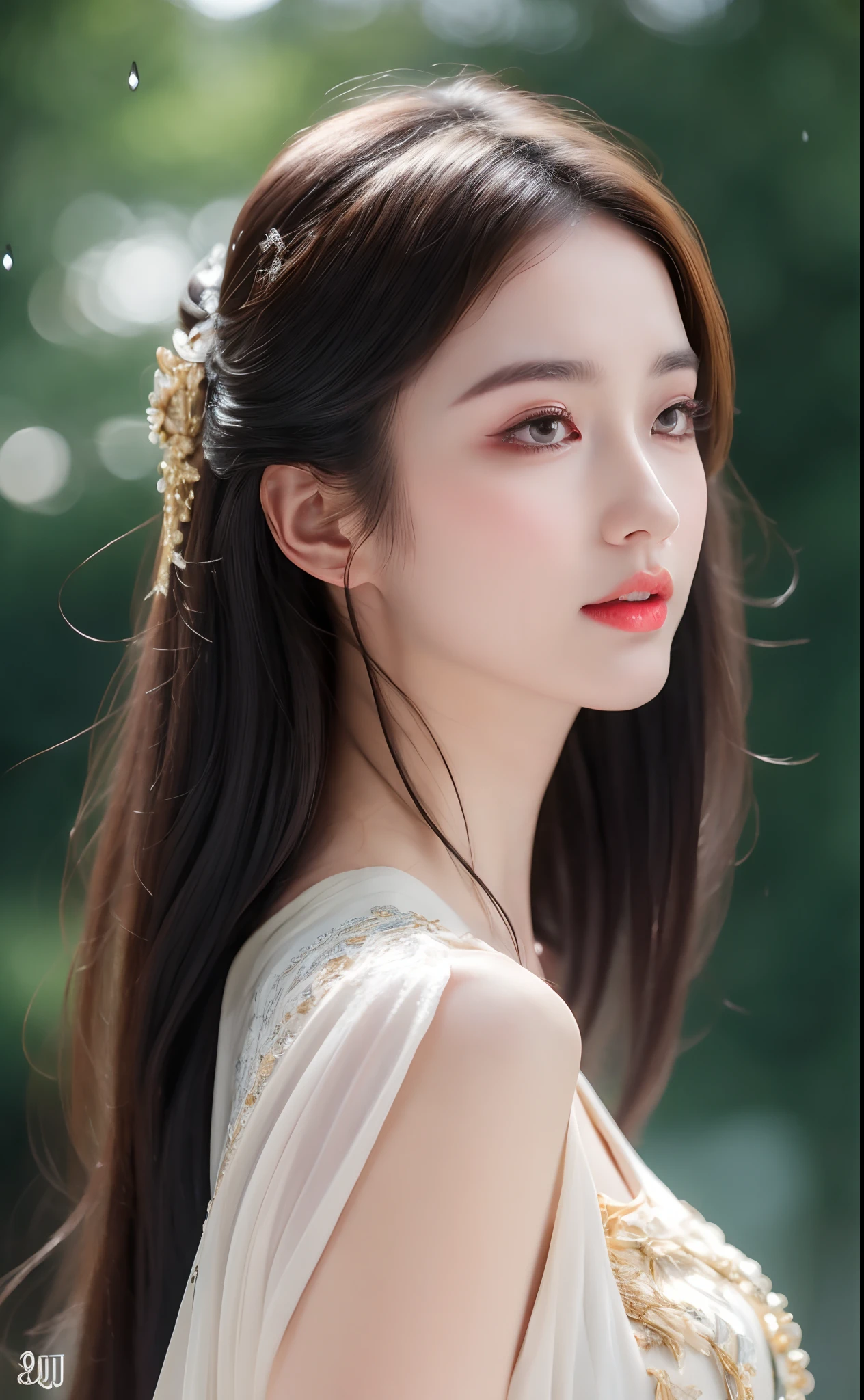 ((Best Quality, 8k, Masterpiece: 1.3)), Focus: 1.2, Perfect Body Beauty: 1.4, Buttocks: 1.2, ((Layered Haircut)), (Wet Clothes: 1.1), (Rain, Street:1.3), (Breasts: 1.2), (Hanfu: 1.2), Bare Shoulders, Bare Legs, Highly Detailed Face and Skin Texture, Fine Eyes, Double Eyelids, Whitened Skin, Long Hair, (Shut Up: 1.5), (Bokeh Background: 1.5), Big Breasts