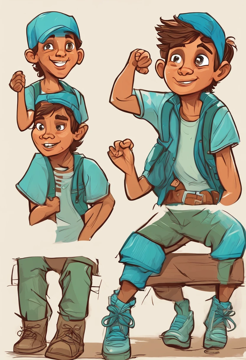 Criar um menino com 10 anos com cabelo ruivo e olhos verdes sem oculos, with a blue cap, uma t-shirt branca, blue shorts and brown boots. with various expressions, in various poses on a white background.  children's book ilustration style.