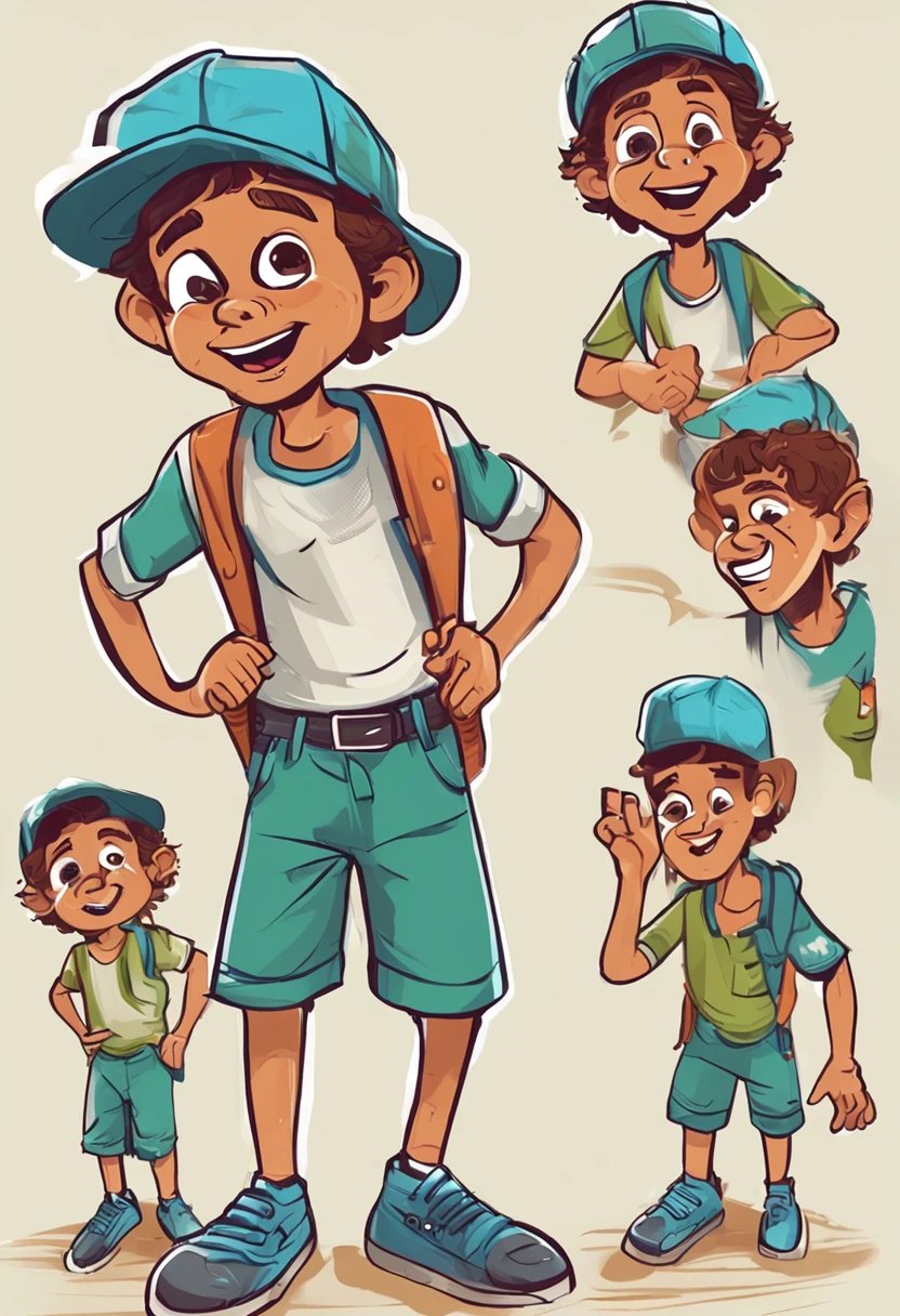 Criar um menino com 10 anos com cabelo ruivo e olhos verdes sem oculos, with a blue cap, uma t-shirt branca, blue shorts and brown boots. with various expressions, in various poses on a white background.  children's book ilustration style.