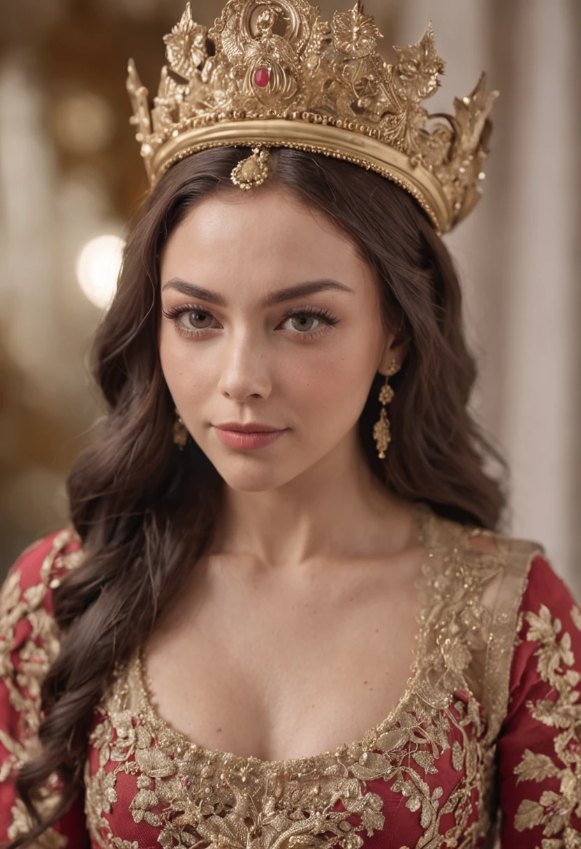 A medieval noble woman shows her pride to the king, Partial exposure of the chest，Coming to light.

(low cut dress:1.1), (Exposed cleavage:1.2), (confident pose:1.1), (Royal environment), (Gorgeous palace:1.1), (proud expression), (elegant attire), (Intricate jewelry), (fine embroidery), (rich fabrics:1.1), (luxury accessories), (ornate crown), (Golden candlestick:1.1), (Elaborate chandeliers), (soft candle light:1.1), (The warm, golden hues), (soft shade), (Gorgeous velvet curtains:1.1), (Beautiful marble columns), (highly detailed face features:1.2), (pale-skinned:0.9), (sparkling eyes and beautiful lips), (long, floated hair), (Subtle makeup), (palatial atmosphere), (The presence of majesty), (court), (king&#39;s admiration), (power dynamics), (proud tradition), (Prominent Society Statue Mini Charm), (Expressive eyes:1.1), (subtle smiling:1.1), (captivatinggaze), (Impressive background), (The attention to detail:1.1), (rich palette), (Noble and elegant), (Timeless beauty), (urbane), (condescending:1.1), (A majestic aura), (Breath of confidence), (exquisite taste), (The embodiment of elegance), (noble blood).