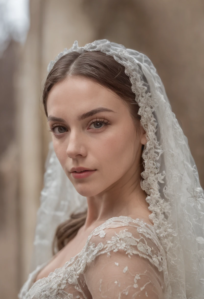 Craft an ultrarealistic photo-style prompt that portrays Mary, the mother of Jesus, with the utmost attention to detail. She should be elegantly attired in period clothing, featuring intricate lacework and exquisite fabric textures. Her expression should exude serenity and devotion, with the heart of Jesus prominently displayed on her chest, emitting a soft ethereal glow. The image should be in a 9:16 aspect ratio, allowing for a highly detailed depiction of Mary's face, capturing every nuance of her serene countenance. She wears a pristine white veil that gracefully drapes around her, adding to the composition's ethereal quality. Ensure that the final result embodies the pinnacle of ultrarealistic artistry.