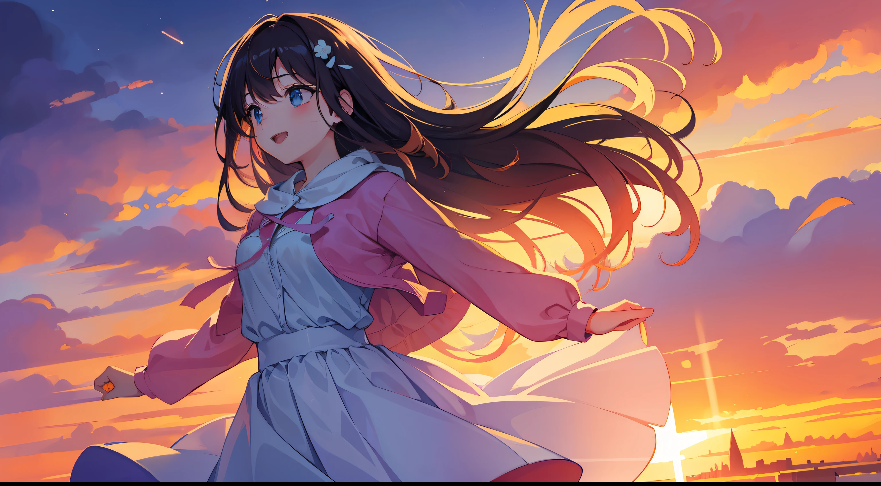 masterpiece, best quality, movie still, 1girl, cloud girl, floating in the sky, close-up, bright, happy, warm soft lighting, sunset, (sparks:0.7)
