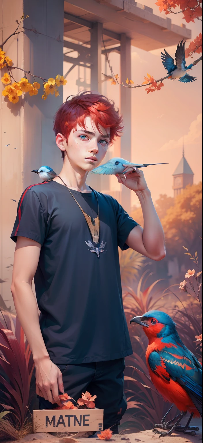 Boy with Bird futuristic background realistic face Bule eye, red hair, ultra high quality HD
