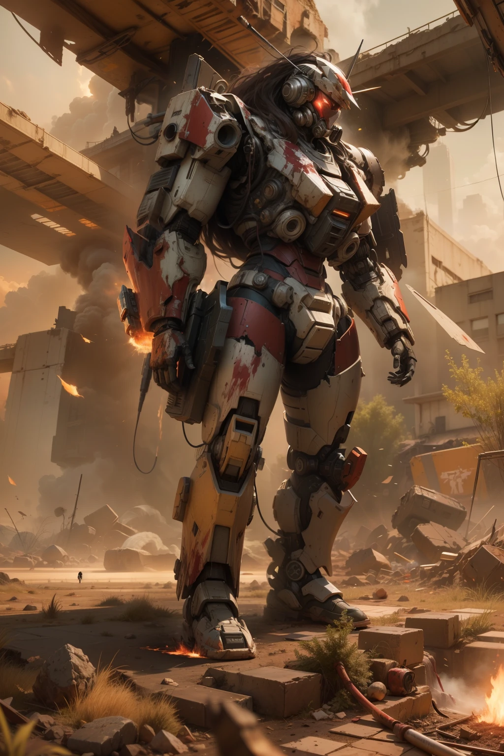 Look up at the perspective，（Digital artwork：1.3）（a sketch：1.1）Octane renders a wasteland，Swirling thick clouds，smog，Flying machines in the sky fierce battle，weed，Dilapidated houses，gravel path，Sunset，dark red color，（（A girl in a combat uniform stood in front of the badly damaged and broken mech）），（（The girl's long messy hair fluttered，Blood，closeup cleavage）），（Stubborn），（Steadfast），（blood stains at the corners of the mouth），（Messy long hair flying），（（（The mech was spattered with blood））），（Mars splashes），（（Broken upper body mech，Dropped mech fragments）），（Exposed wires），（（Mecha is depicted finely）），（（（super-fine））），shot at 8k resolution，petrol liquid，Firelight，Missiles streaked across the sky，weeds，gravel path，blasts，splashart，（（Dynamic speed lines：1.2）），Lithography in intricate details，dongh（Light particles：1.2），（game concept：1.3），（depth of fields:1.3),Global illumination,detail-rich，Trends on ArtStation，Epic shooting，Cinematic lighting