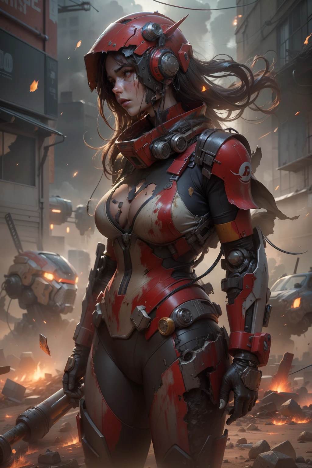 Look up at the perspective,(Digital artwork:1.3)(a sketch:1.1)Octane renders a wasteland,Swirling thick clouds,smog,Flying machines in the sky fierce battle,weed,Dilapidated houses,gravel path,Sunset,dark red color,((A girl in a combat uniform stood in front of the badly damaged and broken mech)),((The girl's long messy hair fluttered,Blood,closeup cleavage)),(Stubborn),(Steadfast),(blood stains at the corners of the mouth),(Messy long hair flying),(((The mech was spattered with blood))),(Mars splashes),((Broken upper body mech,Dropped mech fragments)),(Exposed wires),((Mecha is depicted finely)),(((super-fine))),shot at 8k resolution,petrol liquid,Firelight,Missiles streaked across the sky,weeds,gravel path,blasts,splashart,((Dynamic speed lines:1.2)),Lithography in intricate details,dongh(Light particles:1.2),(game concept:1.3),(depth of fields:1.3),Global illumination,detail-rich,Trends on ArtStation,Epic shooting,Cinematic lighting