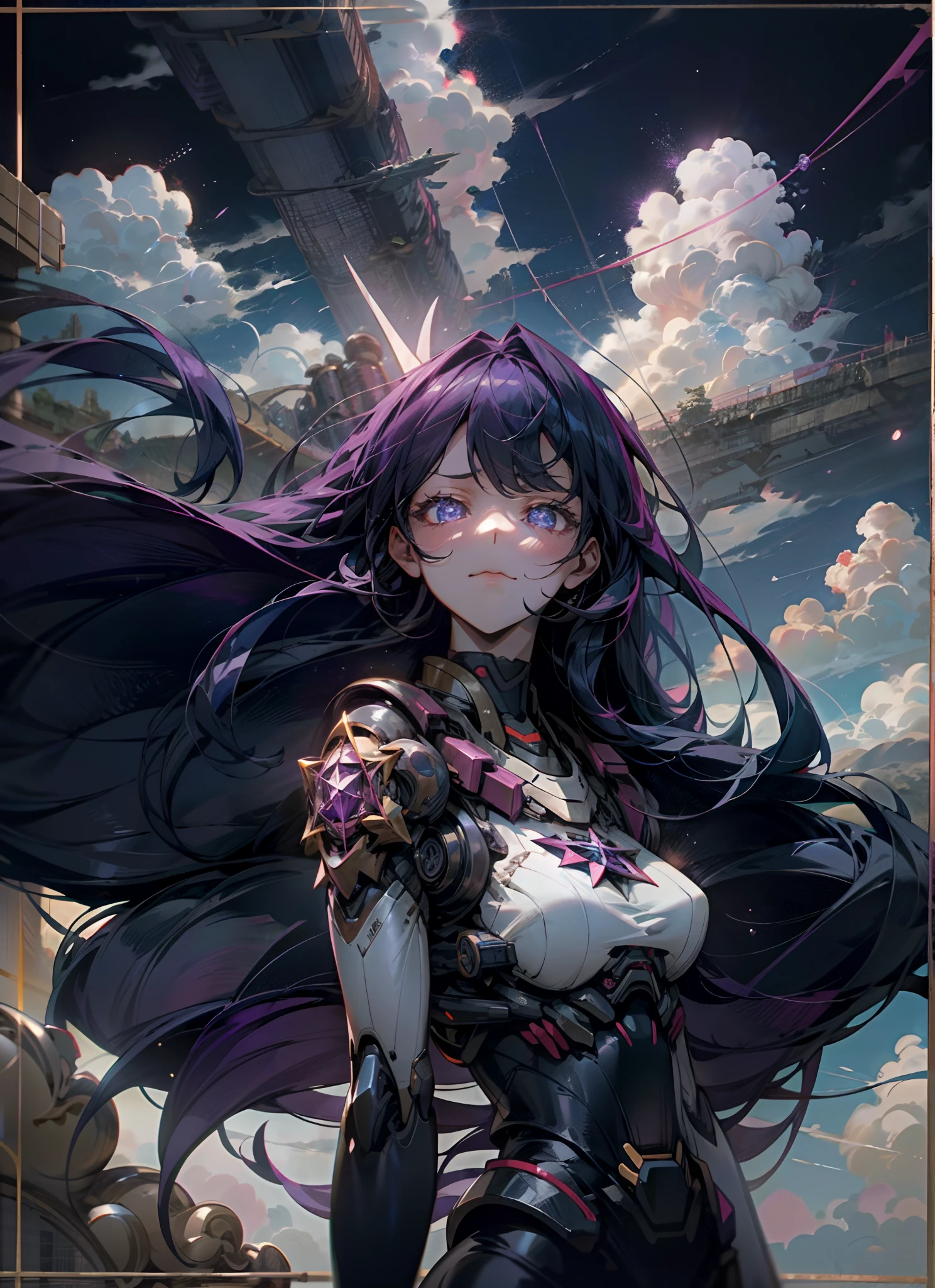 A giant girl,Gorgeous Hair in Long Purple,Pentagram in the eye,Skysky,clouds,No_Humanity,with light glowing,buliding,scientific fiction,城市,Realistis,