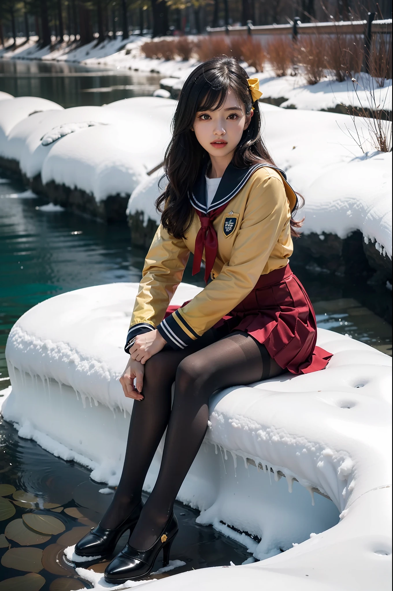 (full body:1.5)，(1girl:1.3),(view the viewer:1.4)，(anatomy correct:1.3),(Sitting by the creek of a snowy mountain:1.2),(A red and yellow Sailor suit and pleated skirt with ribbons:1.2),(Tan Pantyhose:1.3),( Uniform high heels leather shoes with bows for female students:1.1)，(Accurate and perfect face:1.3),hyper HD, Ray traching, reflective light， structurally correct, Award-Awarded, high detail, lighten shade contrast, Face lighting ，cinematic lighting, masterpiece, super detailing, high quality, high detail, best quality, 16k，High contrast,
