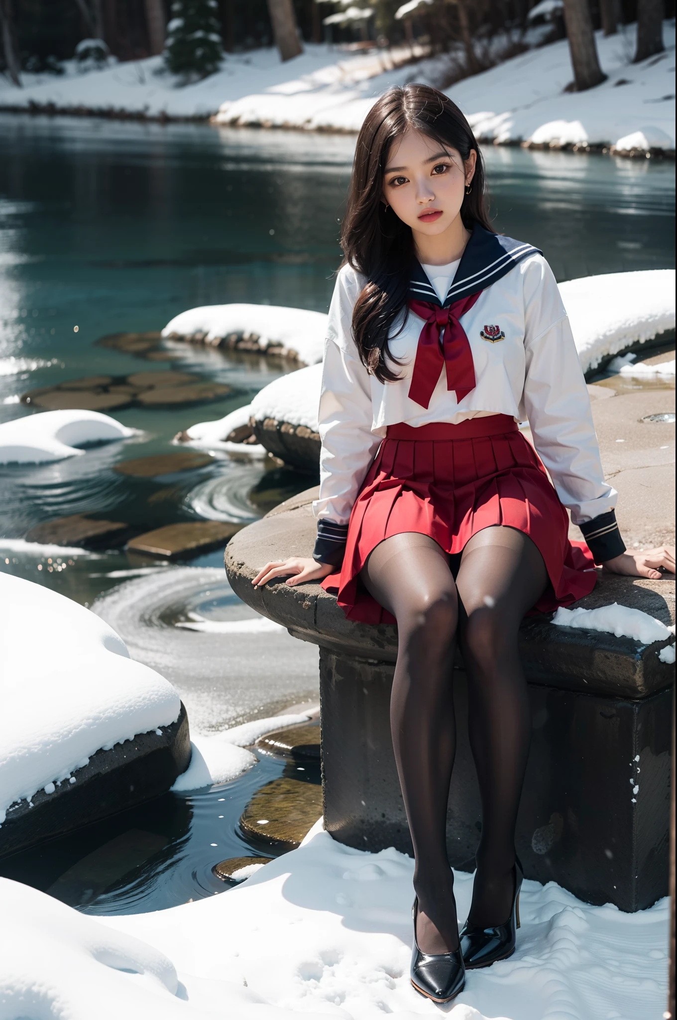 (full body:1.5)，(1girl:1.3),(view the viewer:1.4)，(anatomy correct:1.3),(Sitting by the creek of a snowy mountain:1.2),(A red and yellow Sailor suit and pleated skirt with ribbons:1.2),(Tan Pantyhose:1.3),( Uniform high heels leather shoes with bows for female students:1.1)，(Accurate and perfect face:1.3),hyper HD, Ray traching, reflective light， structurally correct, Award-Awarded, high detail, lighten shade contrast, Face lighting ，cinematic lighting, masterpiece, super detailing, high quality, high detail, best quality, 16k，High contrast,