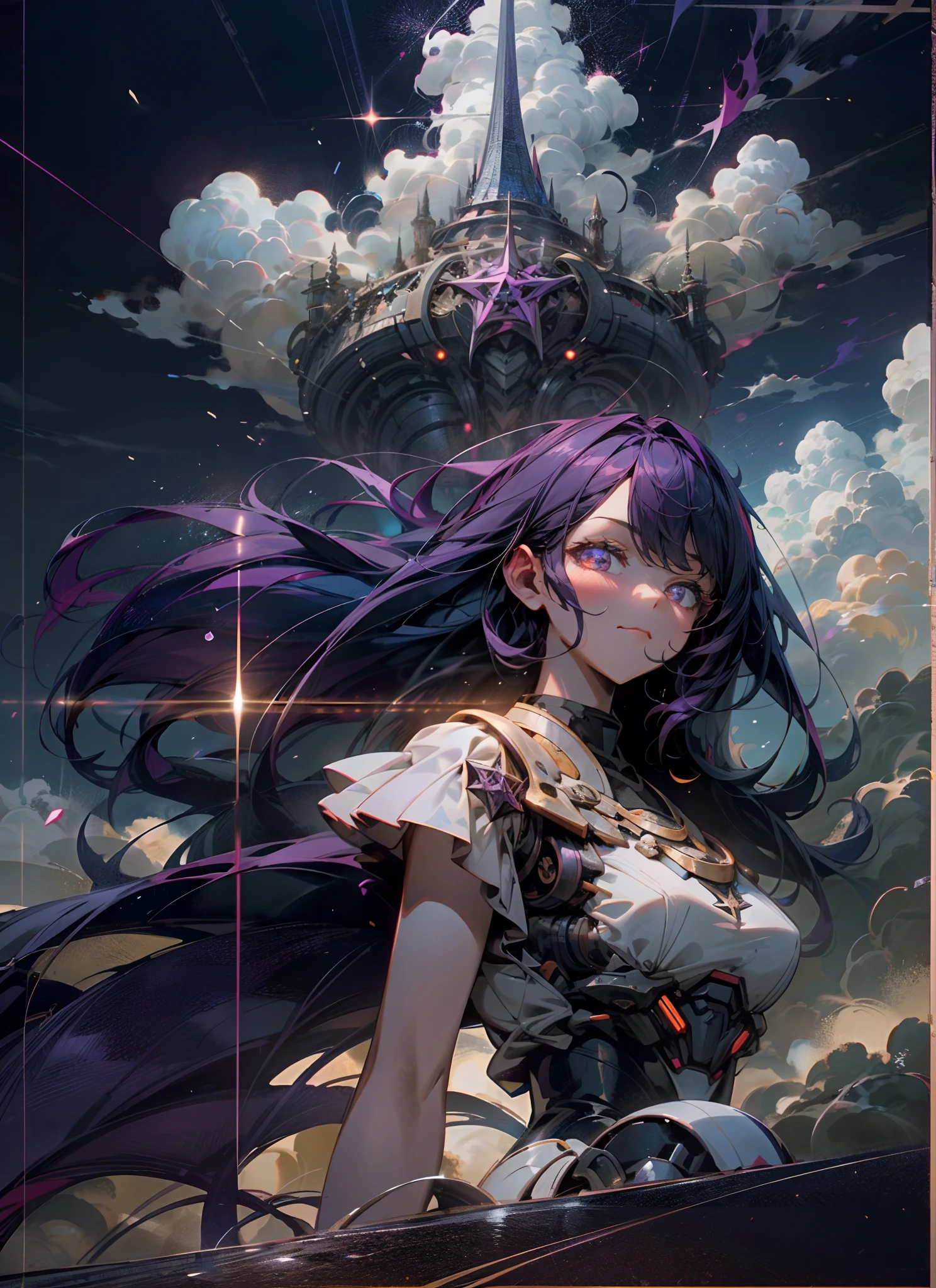 A giant girl,Gorgeous Hair in Long Purple,Pentagram in the eye,Skysky,clouds,No_Humanity,with light glowing,buliding,scientific fiction,城市,Realistis,
