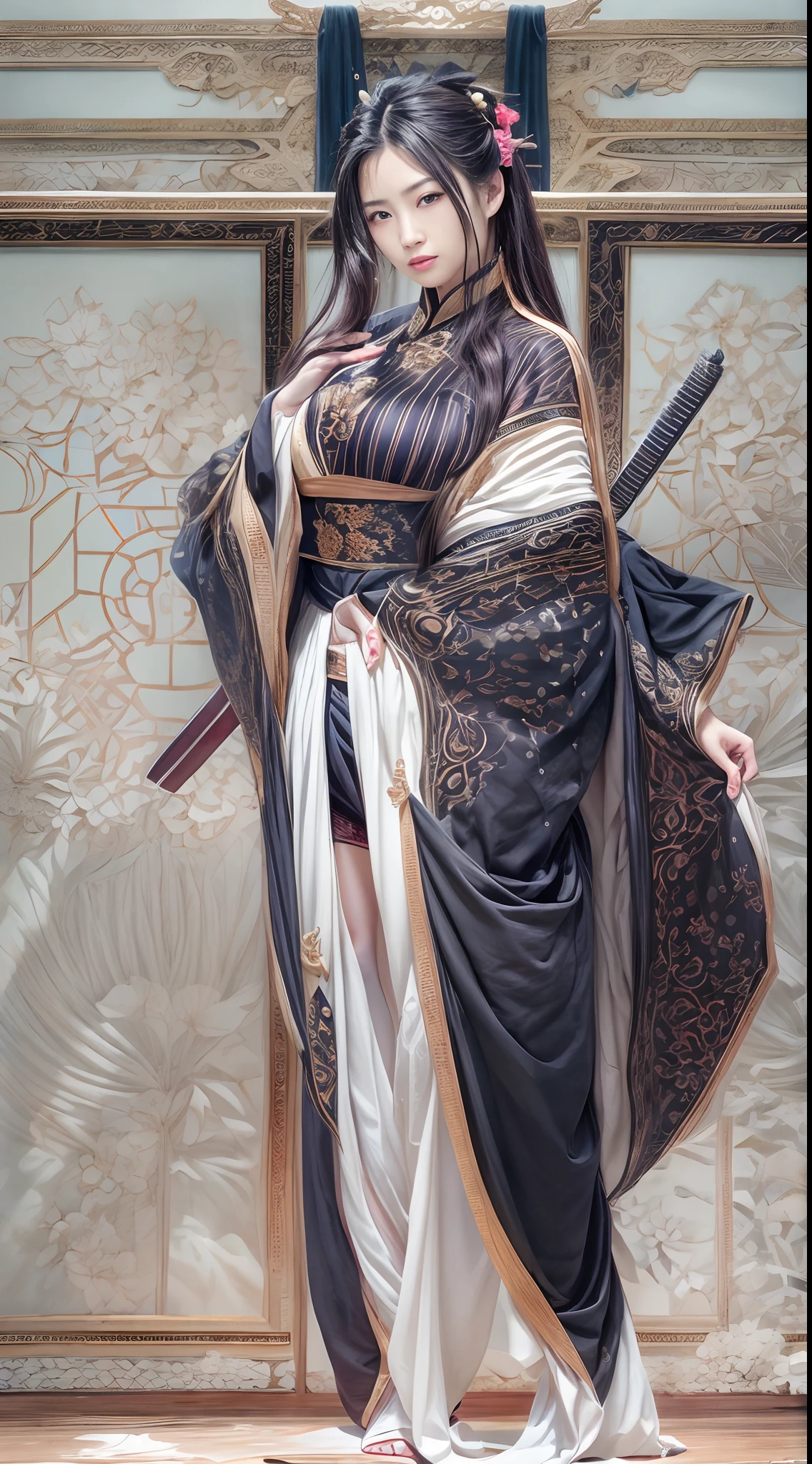 Best quality,Masterpiece,超高分辨率,(Photorealistic:1.4),xiuxian,arma,Detailed face, 1girll,Solo,arma,cleavage,(Magical Circle:1.2),xiuxian,Upper body,Beautiful girl,full bodyesbian,Huge breasts,east asian architecture,scabbard,architecture,gigantic hip,smooth thigh