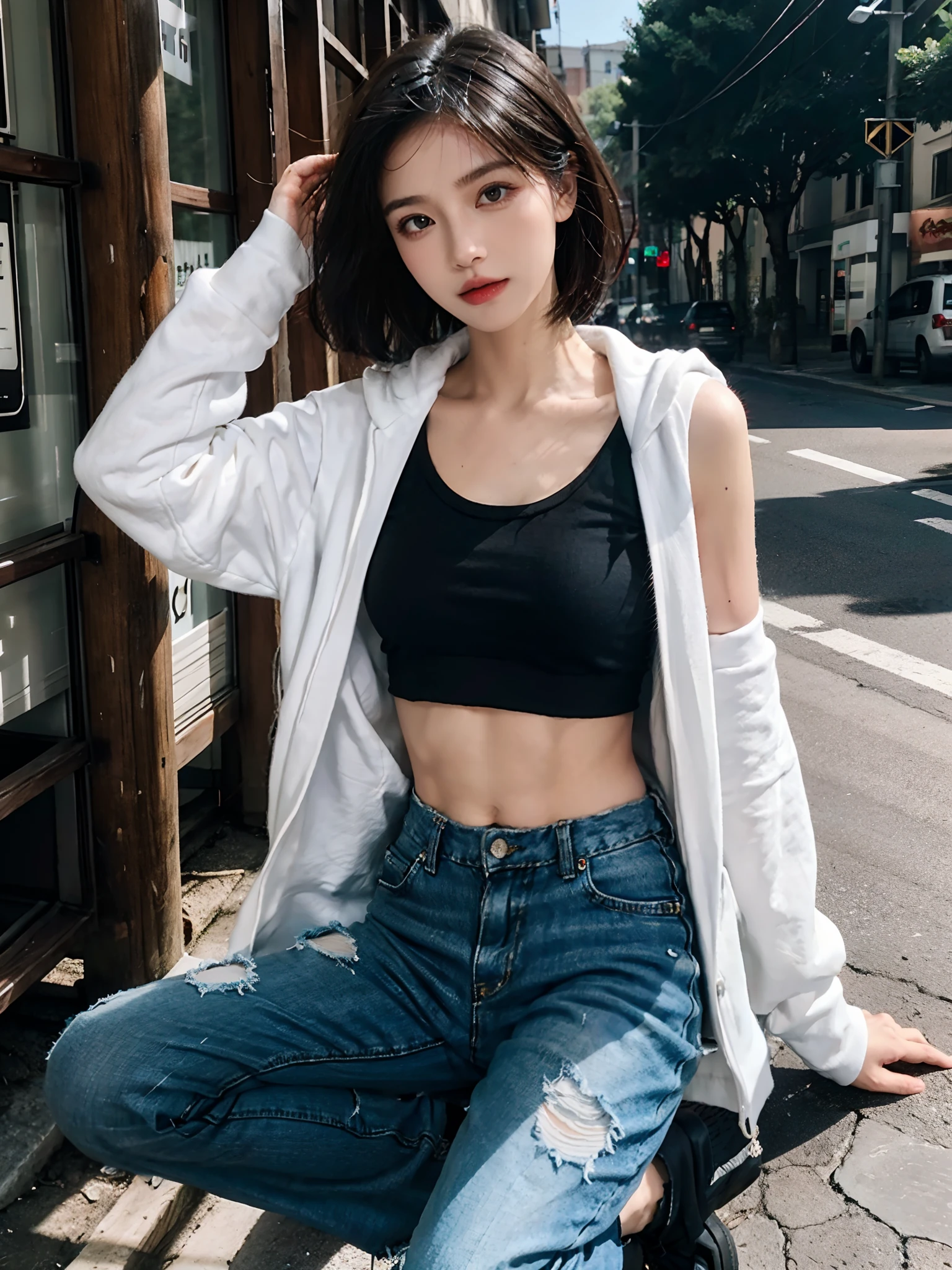 ((smallunderboob,Tomboyish,small heads)), (Well-defined abs: 1.1), (perfect bodies: 1.1), (short-length straighthair: 1.2), Black hair, half-body photo, attractive collarbone，nabel，（极其细致的CG 8k壁纸），（Extremely refined and beautiful），（tmasterpiece），（best qualtiy：1.0），（超A high resolution：1.0），beautiful light up，Perfect lightning，realistic shaded，[A high resolution]，White,Smooth and flawless skin，ultra - detailed ，Thin transparent light gray hooded sweatshirt，Open，Gilet blanc，The black one is particularly tattered，There are big holes in the pants of the beggar，black military boots，Elongated legs，flatchest，Slim，emaciated，at the doorstep of a school，on the roadside，A sea of people，are standing，Dusk light，summertime，Cup of coffee in hand，dense with greenery