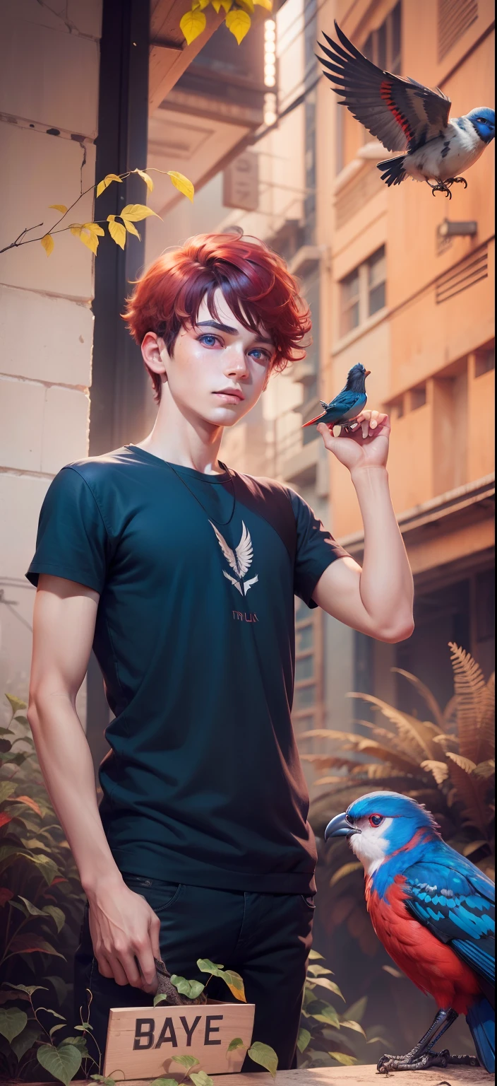 Boy with Bird futuristic background realistic face Bule eye, red hair, ultra high quality HD