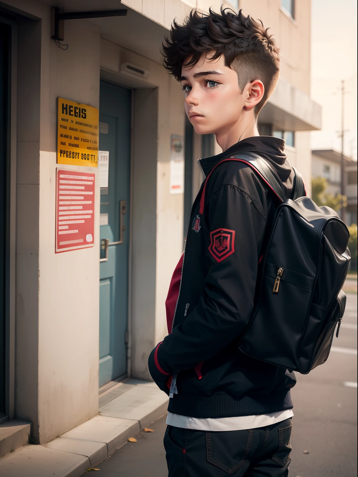 teenage boy in front of a school 
looking ahead
