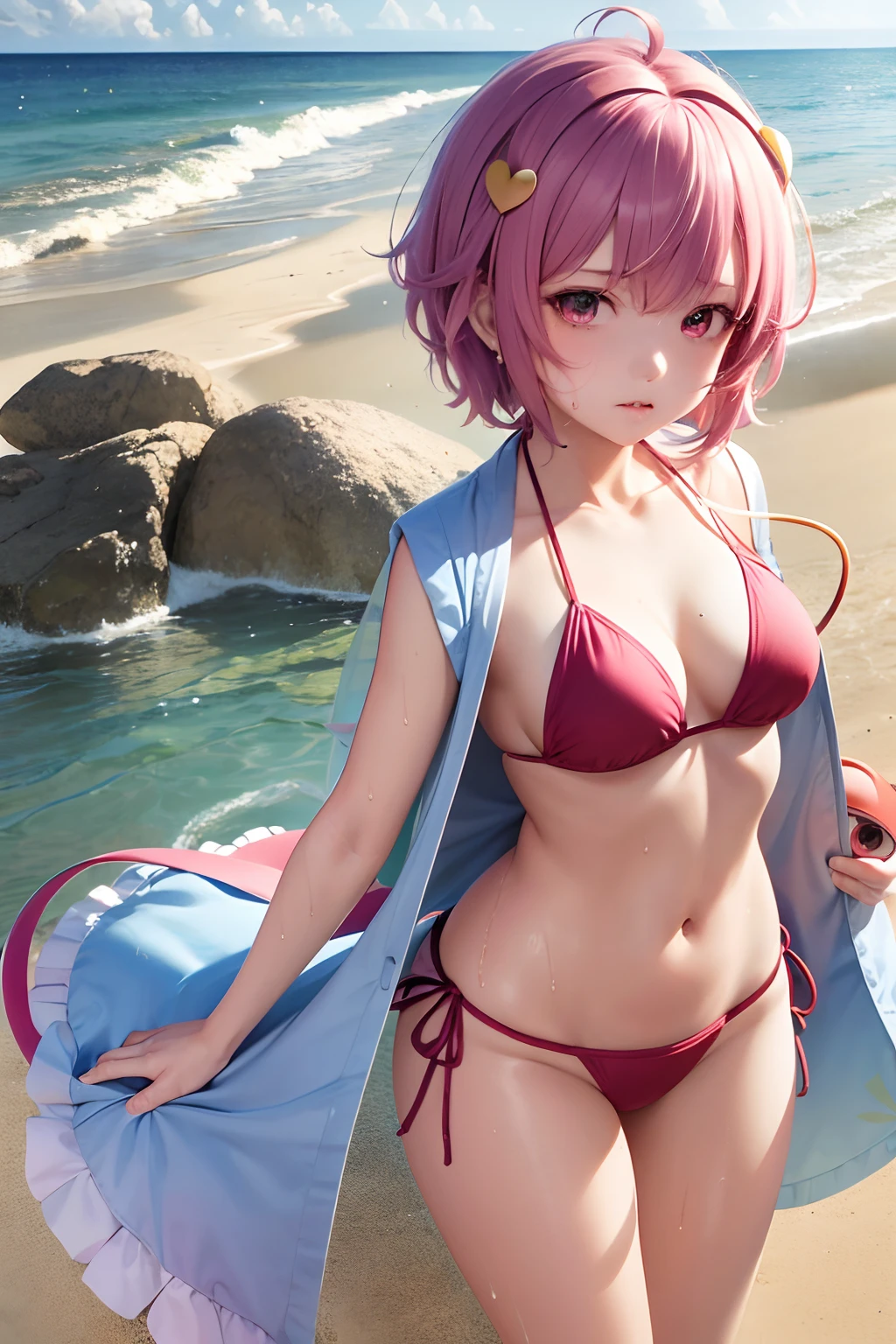 masutepiece, Best Quality,   1girl in,Komeiji Satori,Ahoge, Pink hair,Pink eyes,Short hair,shairband,  3rd eye, Sea and sandy beach background,Pink ruffled bikini、the whole body is wet、Embarrassed face