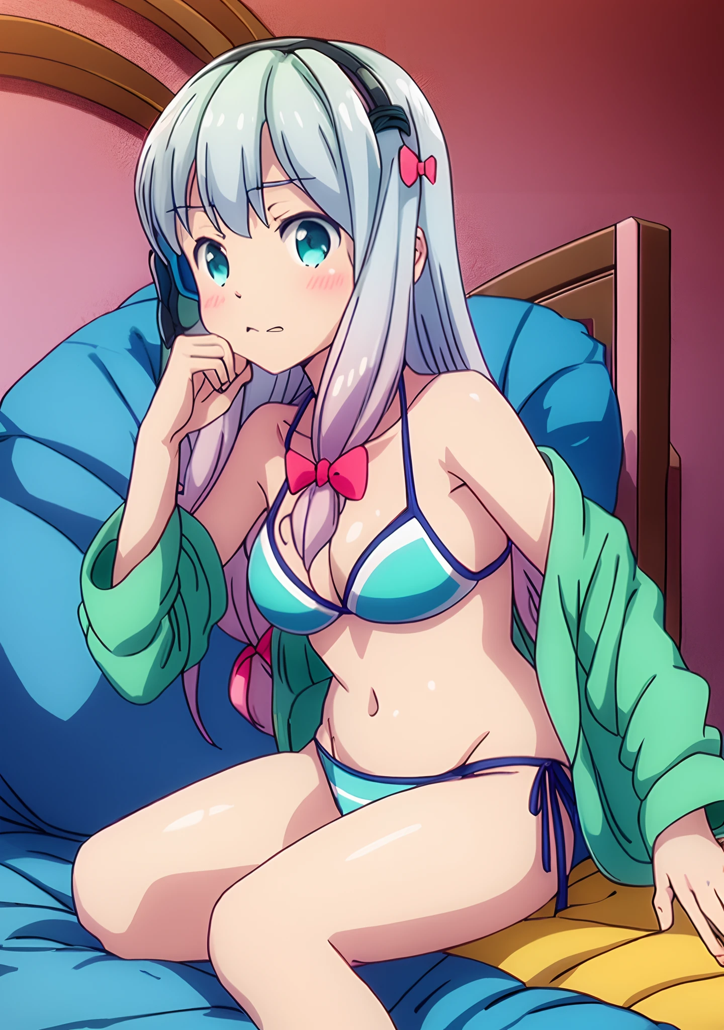 Sagiri izumi,wearing bikini, sitting bed,silver hair