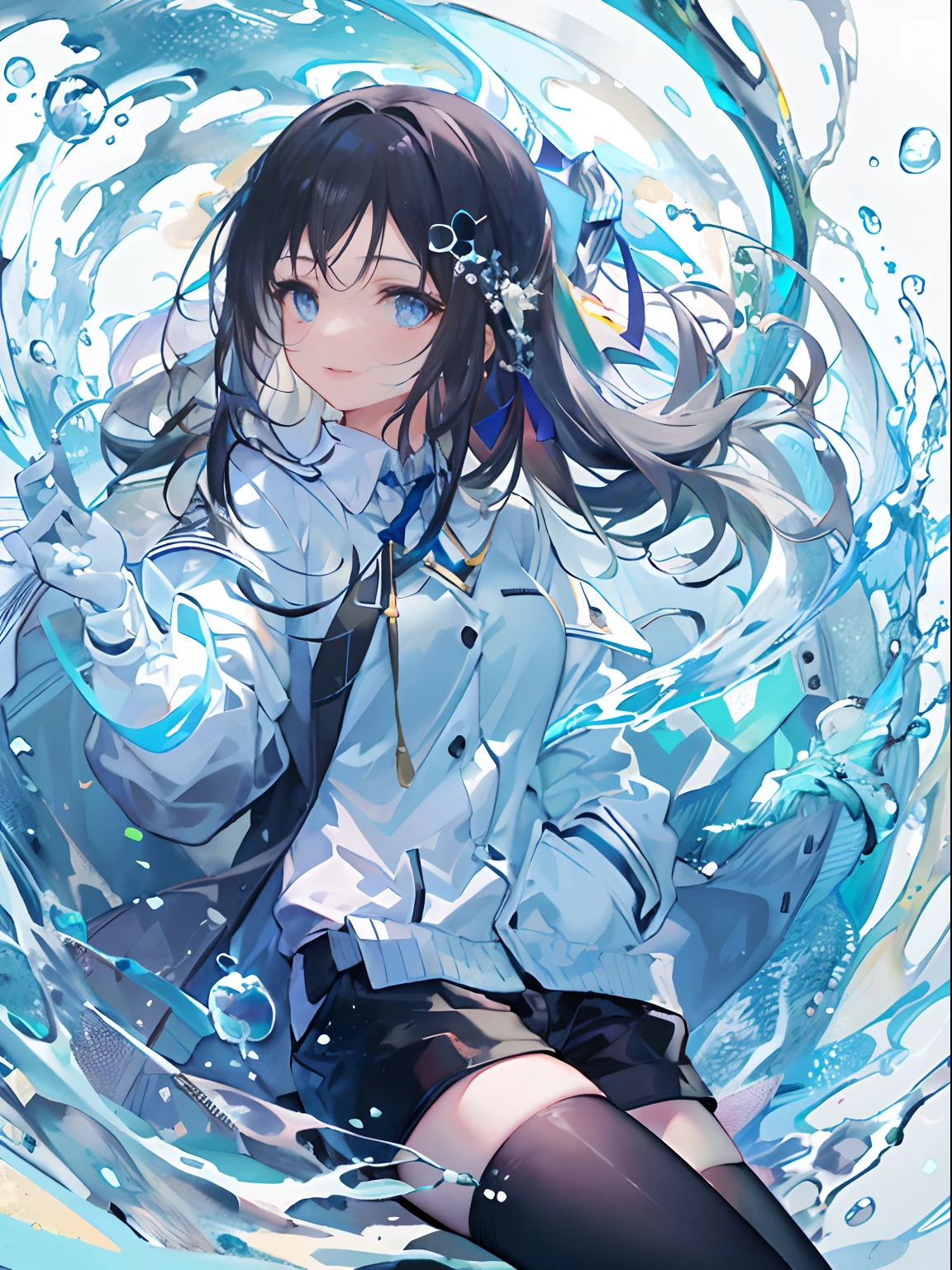 ((top-quality)), ((masterpiece)), ((ultra-detailliert)), (extremely delicate and beautiful), girl with, 独奏, cold attitude,((Black jacket)),She is very(relax)with the(Settled down)Looks,A dark-haired, depth of fields,evil smile,Bubble, under the water, Air bubble,bright light blue eyes,Inner color with black hair and light blue tips,Cold background,Bob Hair - Linear Art, shortpants、knee high socks、White uniform like school uniform、Light blue ribbon ties、Clothes are sheer、Hands in pockets、Ponytail hair、