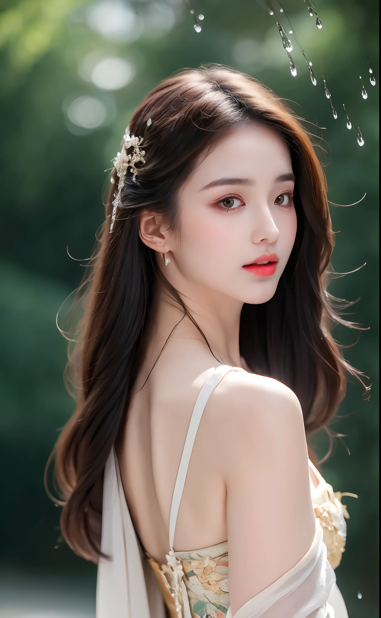 ((Best Quality, 8k, Masterpiece: 1.3)), Focus: 1.2, Perfect Body Beauty: 1.4, Buttocks: 1.2, ((Layered Haircut)), (Wet Clothes: 1.1), (Rain, Street:1.3), (Breasts: 1.2), (Hanfu: 1.2), Bare Shoulders, Bare Legs, Highly Detailed Face and Skin Texture, Fine Eyes, Double Eyelids, Whitened Skin, Long Hair, (Shut Up: 1.5), (Bokeh Background: 1.5), Big Breasts