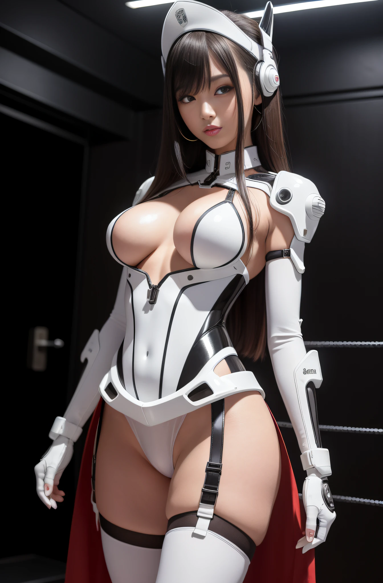 （（（Rear view）））、((ass view)) 、a japanese girl、28 year old、Standing Behind Pose、cybernetic、Vinyl shiny white outfit、beautiful dark chestnut hair、Exposure of thighs and abdomen、 Detailed skin texture, Detailed Cloth Texture, beautifull detailed face, 二重まぶた、A slight smil、perfect buttocks、(Transparent Panty House), Intricate details, ultra-detailliert, Cinematic lighting