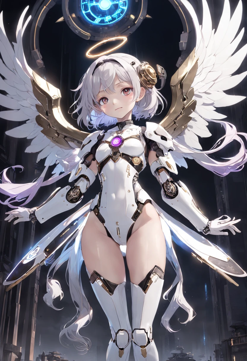 Create a book bot, 12 to 16 years old, With a charming smile, Trigger emotions in people, The gesture of the arrival of angels、Suspended in mid-air、facing at camera、complete body，in a panoramic view、12 to 16 years old, With a charming smile, Trigger emotions in people, When you see him, top-quality、tmasterpiece、超A high resolution、(Photorealsitic:1.4)、RAW photo、Steampunk robot angel、Large wing made of metal、White porcelain body、whaite hair、glowy skin、cyborg girl、((Super realistic details))、porate、Background of mechanical technology rounded time halo and gears constantly spinning behind it、globalillumination、black shadows、octan render、8K、ultrasharp、Character edge light,Colossal tits、Raw skin is exposed in cleavage、Details of complex ornaments、Acrylic transparent cover、Sumerian details、Hydraulic cylinder、small led lights、highly intricate detail、Realistic light、a purple eye、Radiant eyes、Facing the camera、neon light detail、cow boy shot、Futuristic headgear、Floor plan about the《cyber punk perssonage》、Extra meticulous、future-tech、Faraway view、Full body photo、