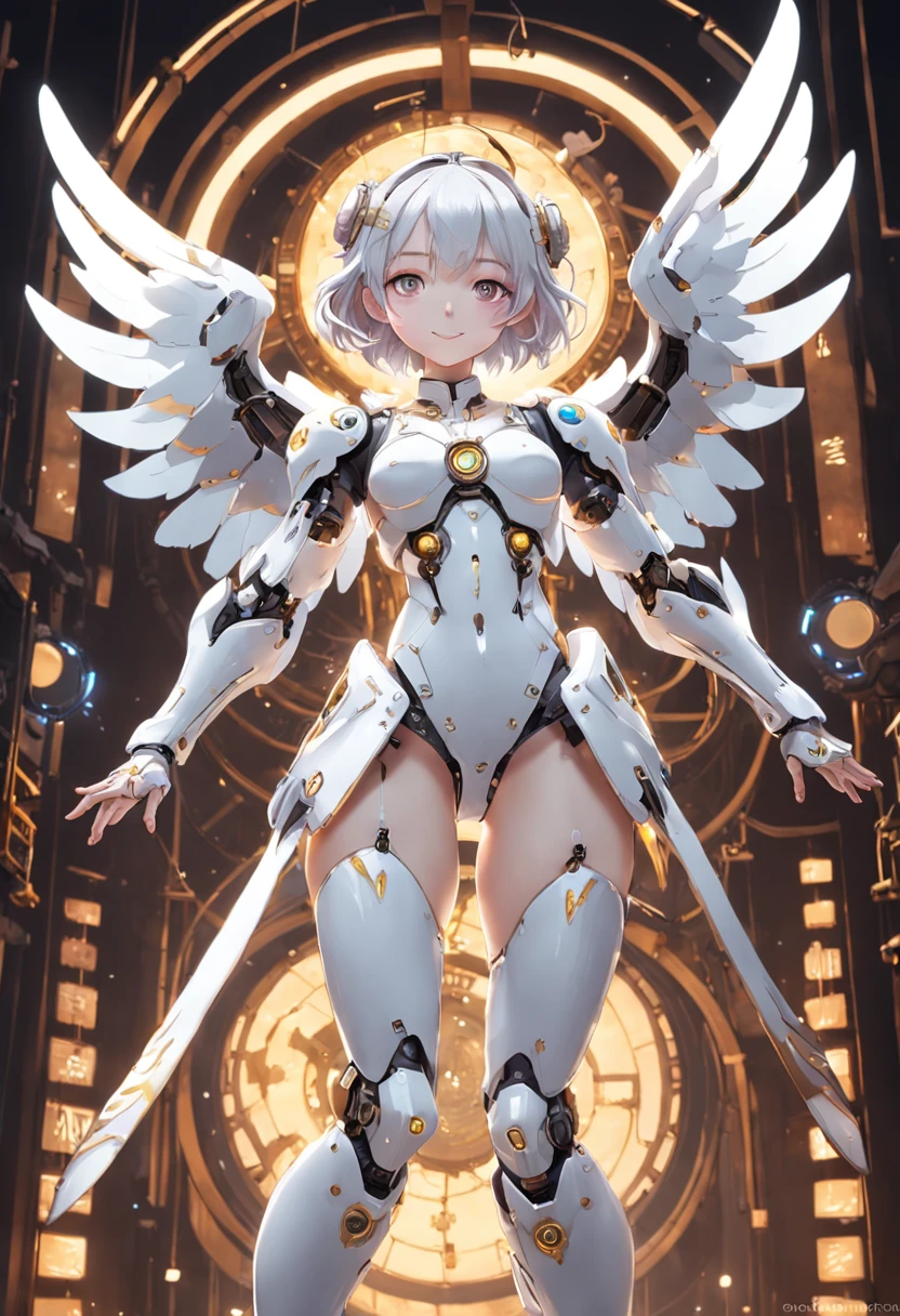 Create a bot, The gesture of the arrival of angels,, With a charming smile, Trigger emotions in people, When you see him, top-quality、tmasterpiece、超A high resolution、(Photorealsitic:1.4)、RAW photo、Steampunk robot angel、Large wing made of metal、White porcelain body、whaite hair、glowy skin、1 Cyborg Girl、((Super realistic details))、porate、The halo of time and gears are constantly spinning behind the back、globalillumination、black shadows、octan render、8K、ultrasharp、Character edge light,Colossal tits、Raw skin is exposed in cleavage、Details of complex ornaments、Acrylic transparent cover、Sumerian details、Hydraulic cylinder、small led lights、highly intricate detail、Realistic light、a purple eye、Radiant eyes、Facing the camera、neon light detail、cow boy shot、Futuristic headgear、Floor plan about the《cyber punk perssonage》、、highest quality、Extra meticulous、future-tech、Faraway view、Full body photo、