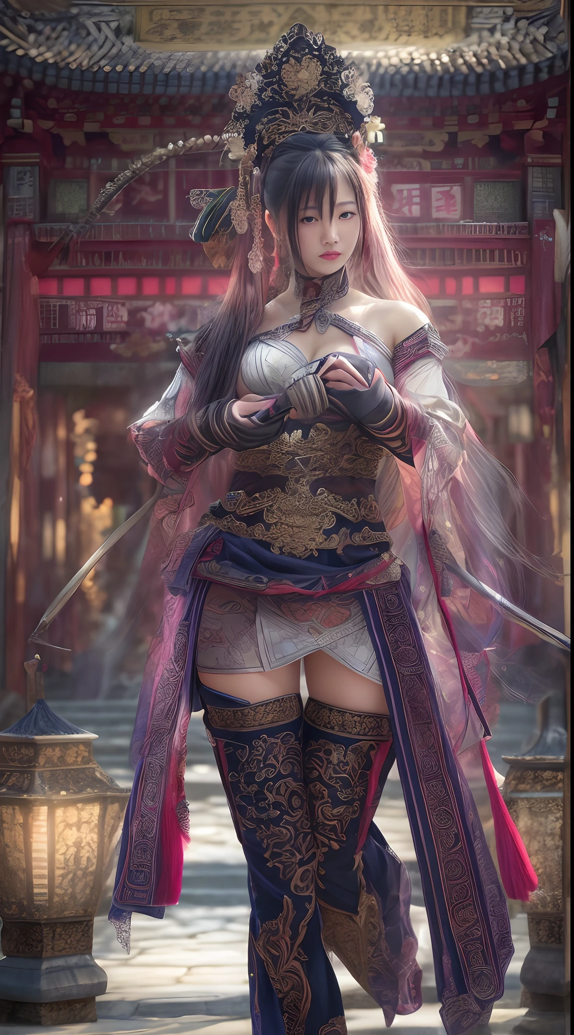 Best quality,Masterpiece,超高分辨率,(Photorealistic:1.4),xiuxian,arma,Detailed face, 1girll,Solo,arma,cleavage,(Magical Circle:1.2),xiuxian,Upper body,Beautiful girl,full bodyesbian,Huge breasts,east asian architecture,scabbard,architecture,gigantic hip，smooth thigh