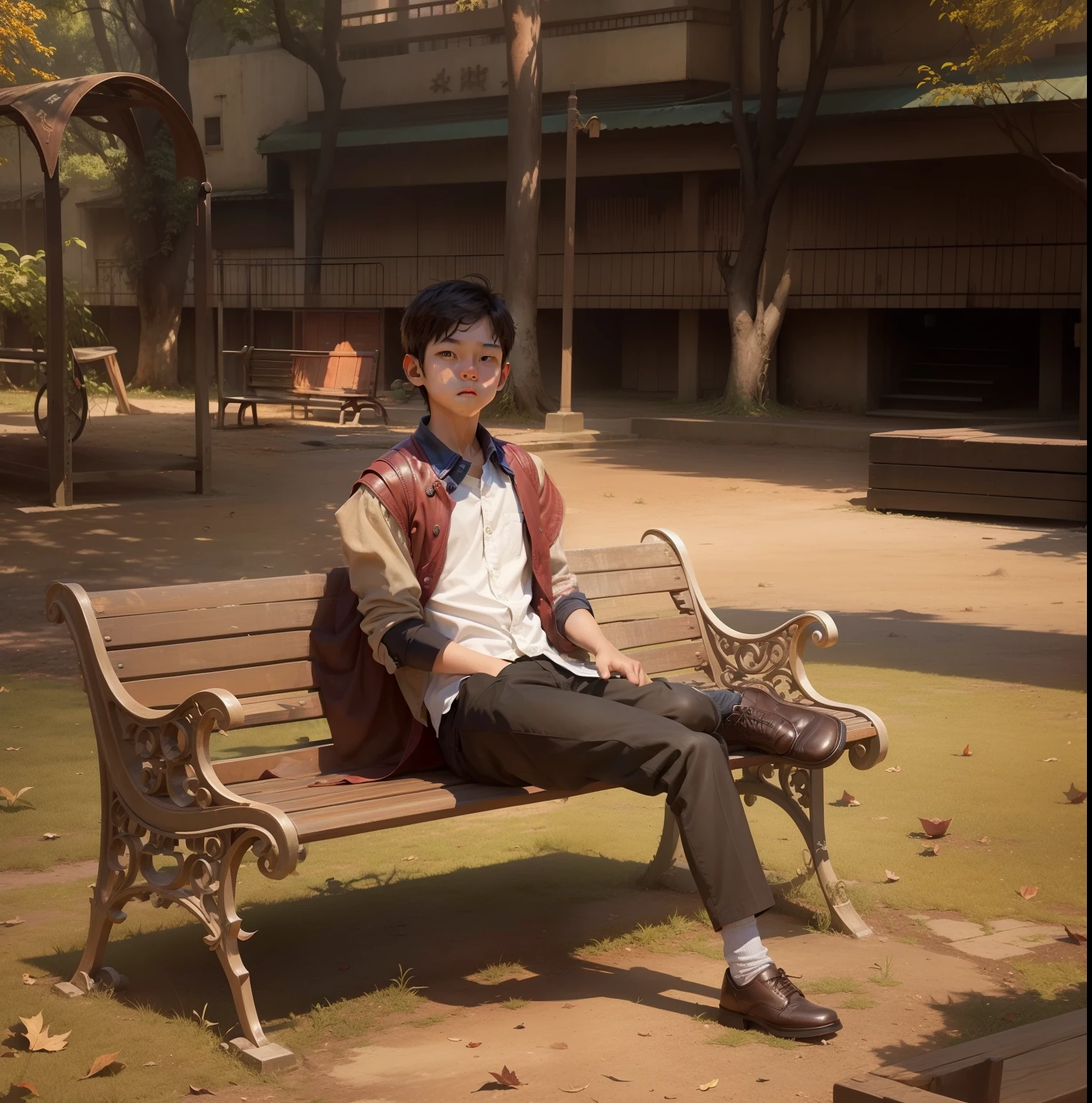 Turn turn background like hell and the bench where this boy sit turn into flamable and dont change the face of boy
