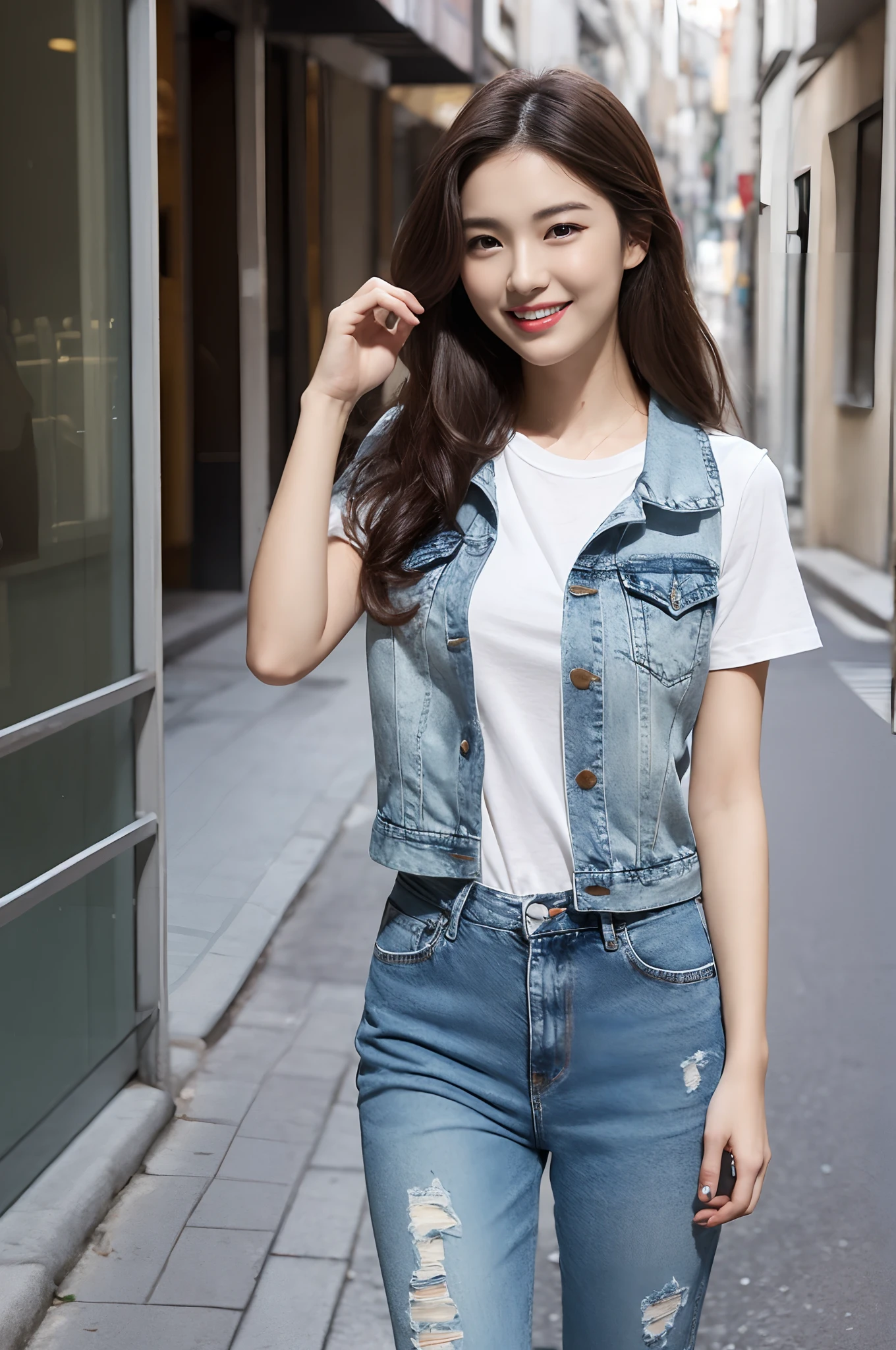 one japanese woman、Fashionable T-shirt、A hyper-realistic、showing your whole body、Hide only you、Stand in the city、In town、in a street), (illustratio), (hight resolution), (8K), (ighly detailed), (The best illustrations), (beatiful detailed eyes), (top-quality), (ultra-detailliert), (masterpiece), (wall-paper), (详细的脸), (A smile、((21-year-old female)),Brown hair,Brown Long Hair), japanes,small tits、Very small breasts、Model body type、A slender、Slimed、beauty legs、Short denim pants、sandal