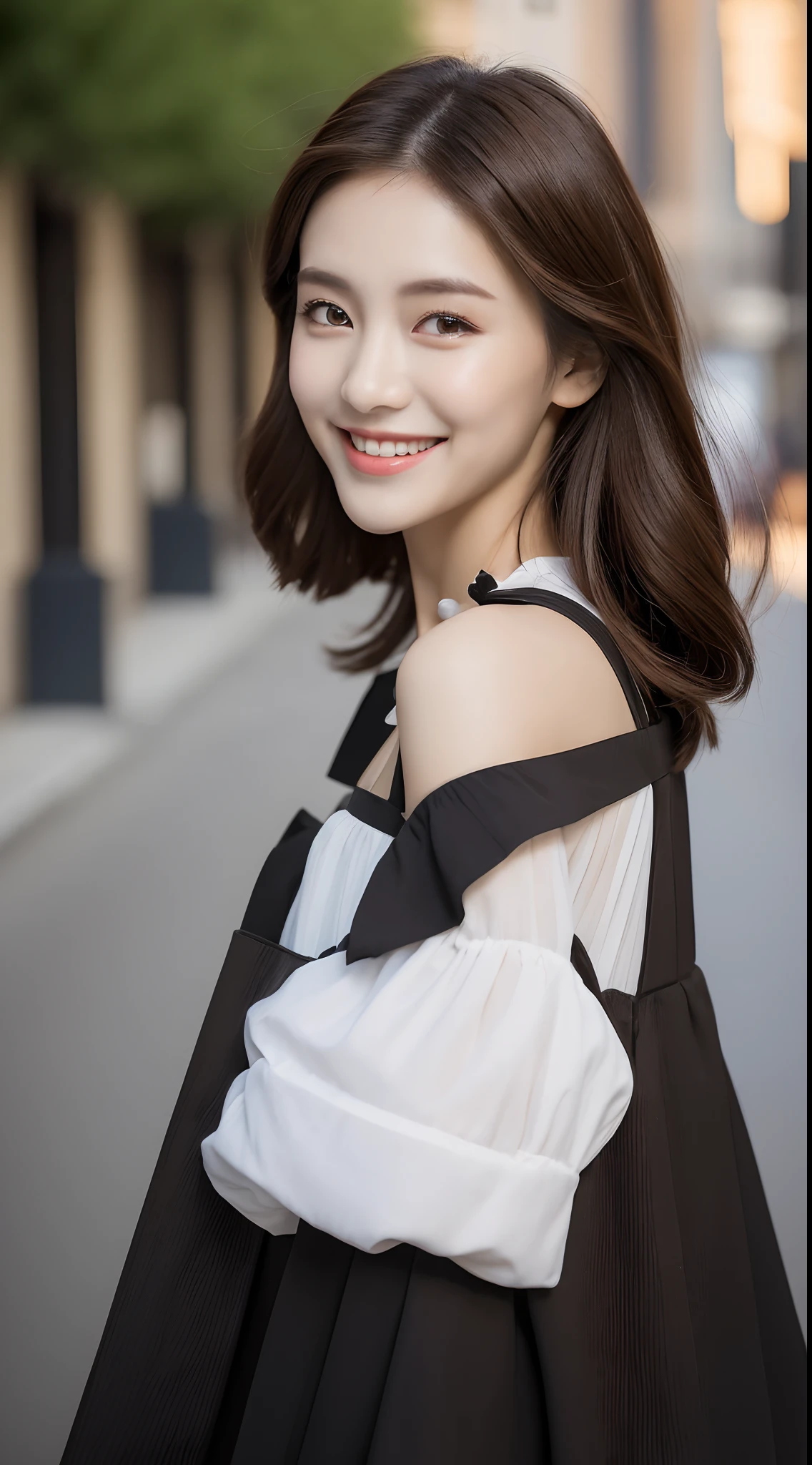 ((Best quality, 8k, Masterpiece :1.3)), 1girl, smiling, full body, slim face, Pretty woman, (Dark brown hair), full length dress :1.1, Ultra-detailed face, Detailed eyes, Double eyelid, blur background, slim face, city, outside, street,
