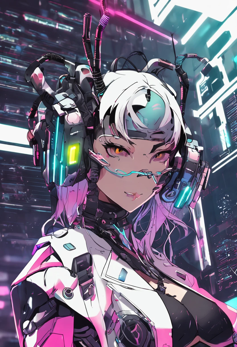 android girl(metallic skin, purple eye visor, cyber joint, orgasm), pink light, kneeing, cable, cable sex,