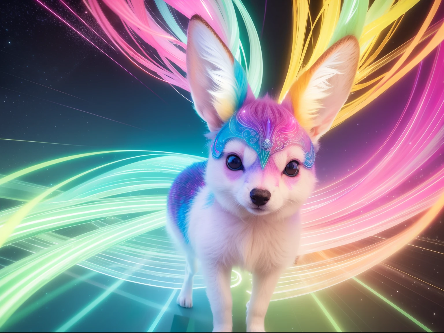 Uma imagem cativante de uma raposa realista com cores fluroscentes, cores brilhantes iriscentesem seu corpo, orelhas e cauda da raposa fluroscentes e brilhantes, Creating intricate patterns, lente grande-angular, grande abertura, ultra detail, hyperrealism, 4k