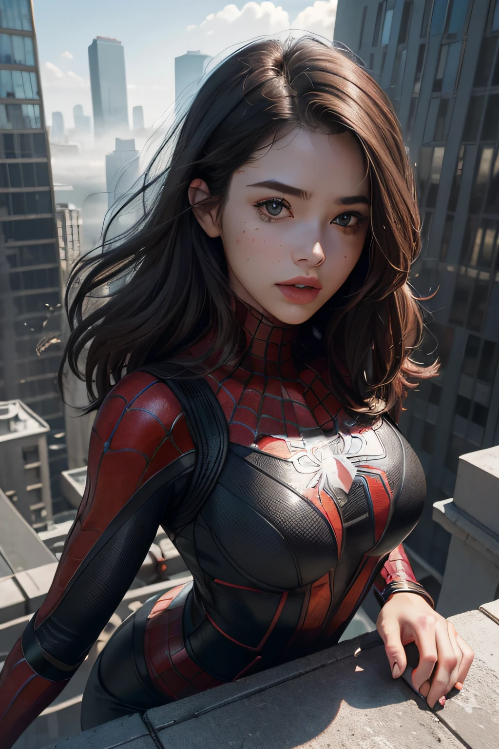 (1girl:1.2), Solo, (((Very detailed face)))), ((Very detailed eyes and face)))), Beautiful detail eyes, Body parts__, Official art, Unified 8k wallpaper, Super detailed, beautiful and beautiful, beautiful, masterpiece, best quality, original, masterpiece, super fine photo, best quality, super high resolution, realistic realism, sunlight, full body portrait, amazing beauty, dynamic pose, delicate face, vibrant eyes, (from the front), She wears Spider-Man suit, red and black color scheme, spider, very detailed city roof background, rooftop, overlooking the city, detailed face, detailed complex busy background, messy, gorgeous, milky white, highly detailed skin, realistic skin details, visible pores, clear focus, volumetric fog, 8k uhd, DSLR, high quality, film grain, fair skin, photo realism, lomography, futuristic dystopian megalopolis, translucent, large breast